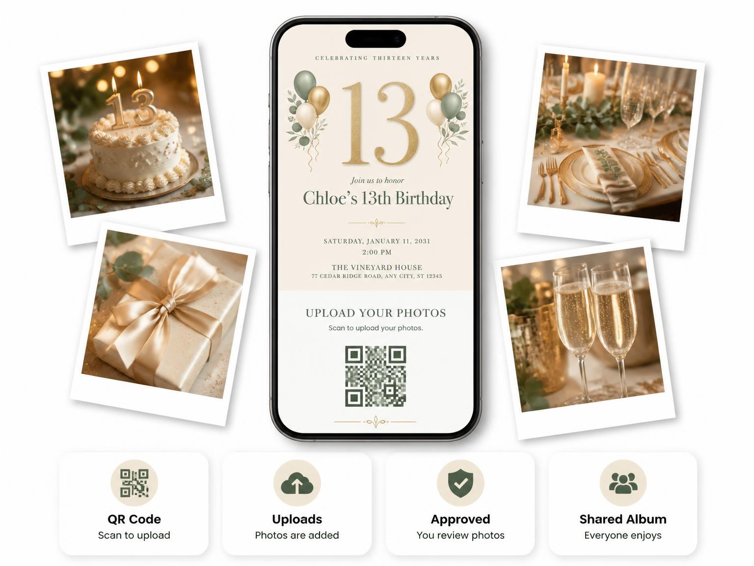 The shared photo gallery that comes with the Sage and Ivory 13th Birthday Invitation invitation