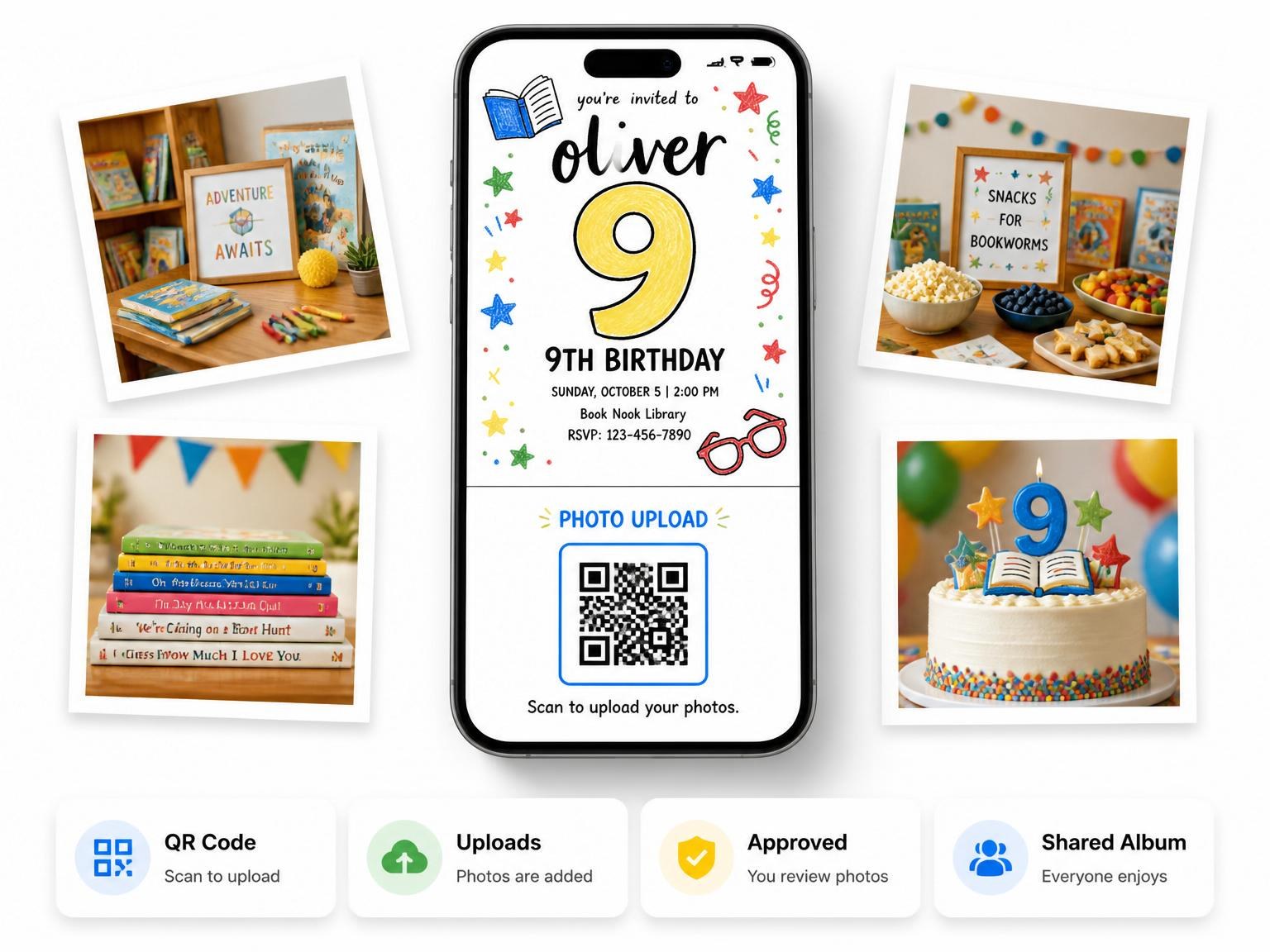The shared photo gallery that comes with the Crayon Library Star 9th Birthday invitation