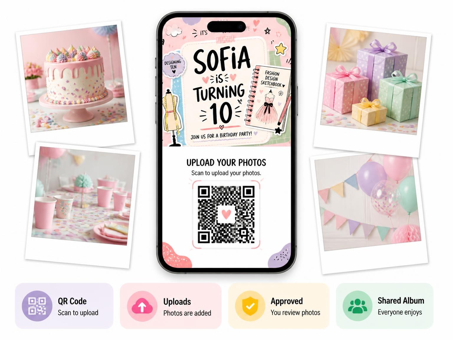The shared photo gallery that comes with the Dress Form Pastel 10th Birthday Invitation invitation