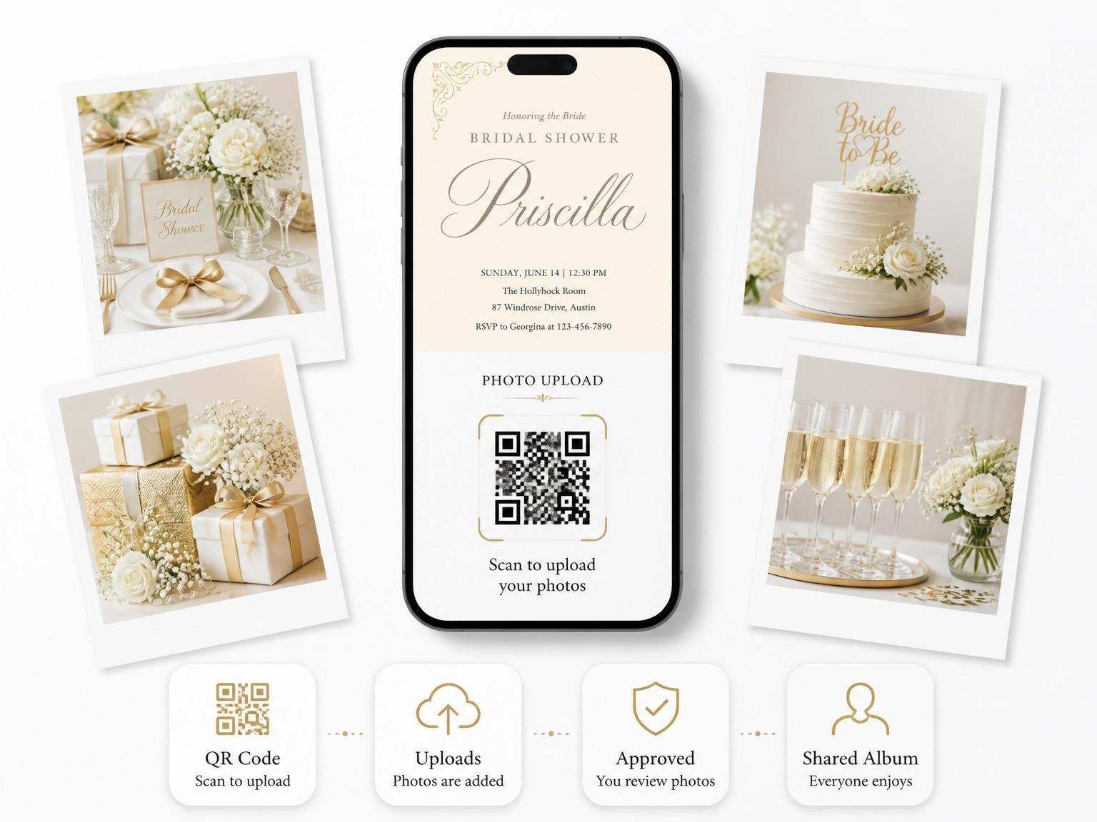 The shared photo gallery that comes with the Cream and Gold Filigree Bridal Shower invitation