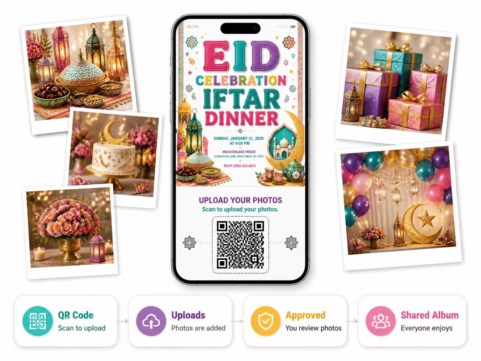 The shared photo gallery that comes with the Eid Celebration and Iftar Dinner Invitation invitation