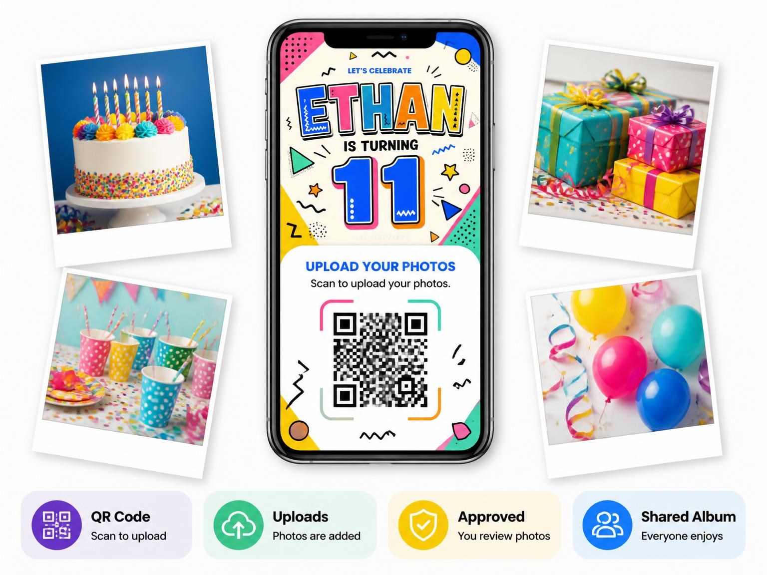 The shared photo gallery that comes with the Memphis Pop 11th Birthday Invitation invitation