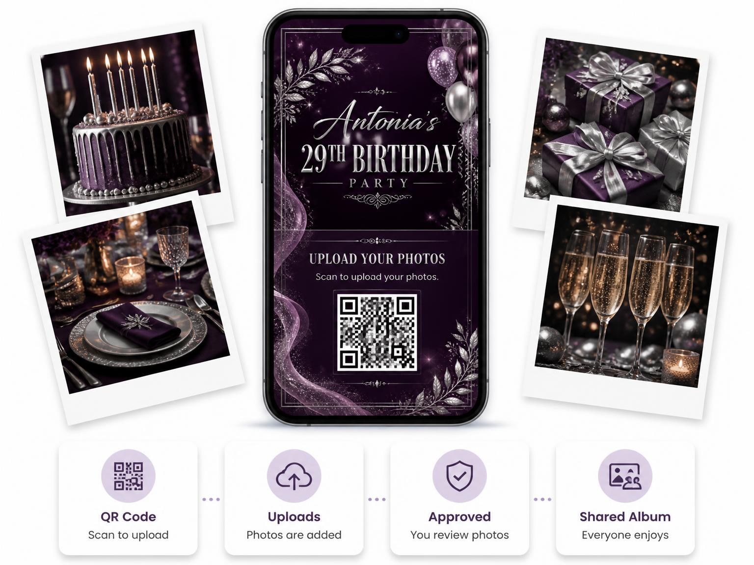 The shared photo gallery that comes with the Plum and Silver 29th Birthday Invitation invitation