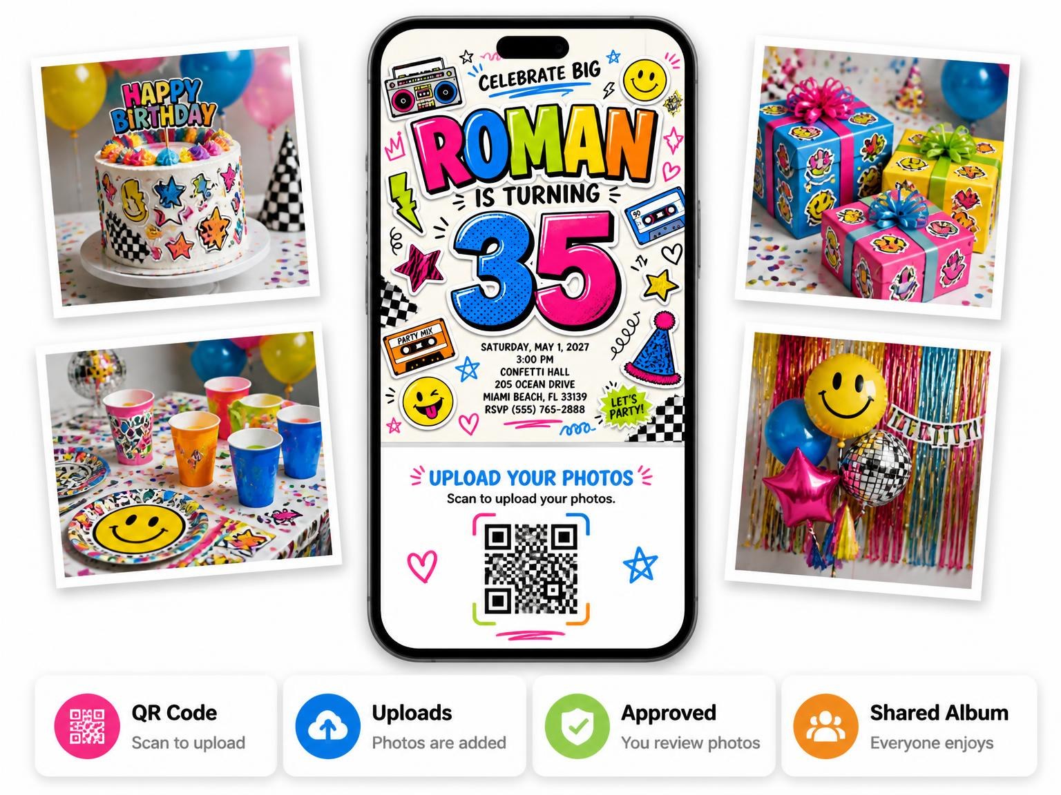 The shared photo gallery that comes with the Sticker Pop 35th Birthday Invitation invitation