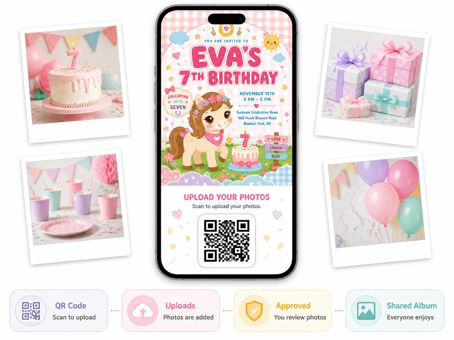 The shared photo gallery that comes with the Kawaii Pony 7th Birthday Invitation invitation