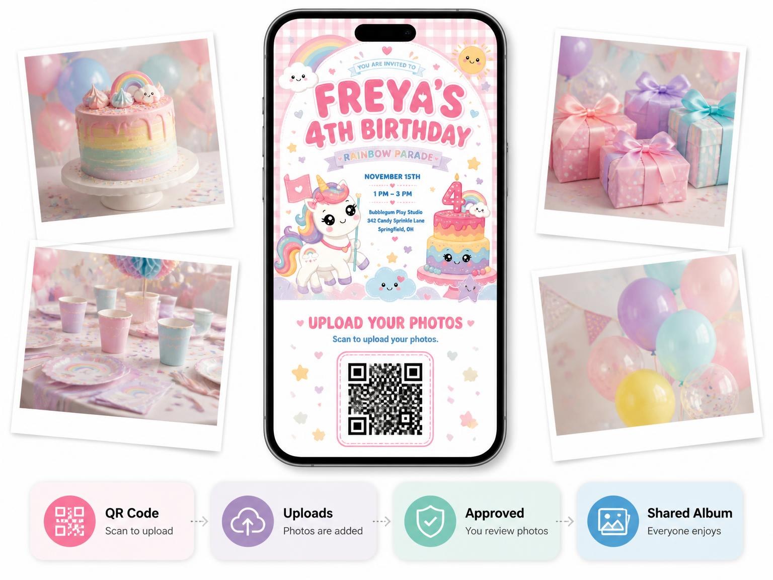The shared photo gallery that comes with the Unicorn Kawaii Pastel 4th Birthday Invitation invitation