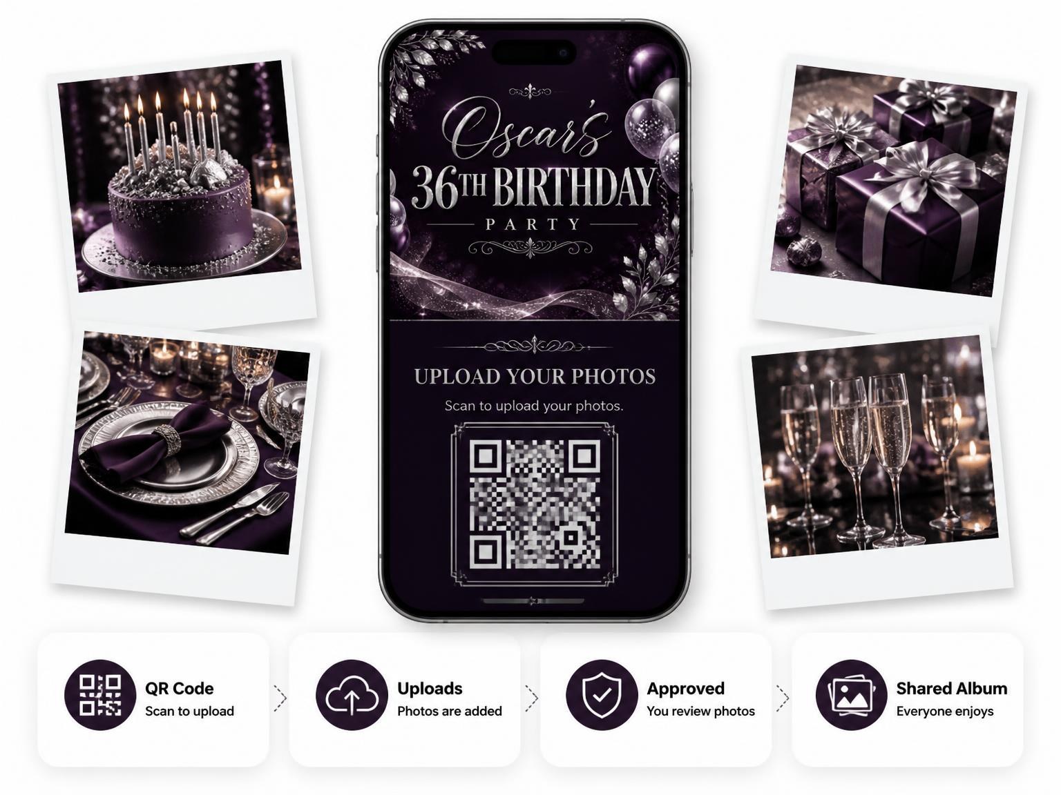 The shared photo gallery that comes with the Plum and Silver 36th Birthday Invitation invitation