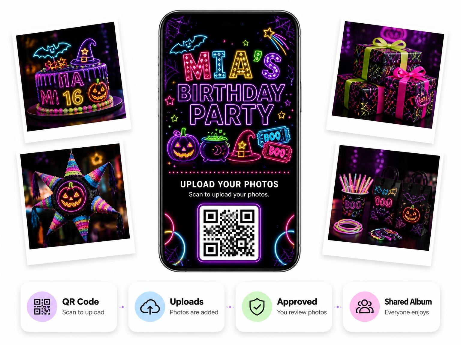 The shared photo gallery that comes with the Neon Halloween Glow 16th Birthday Invitation invitation