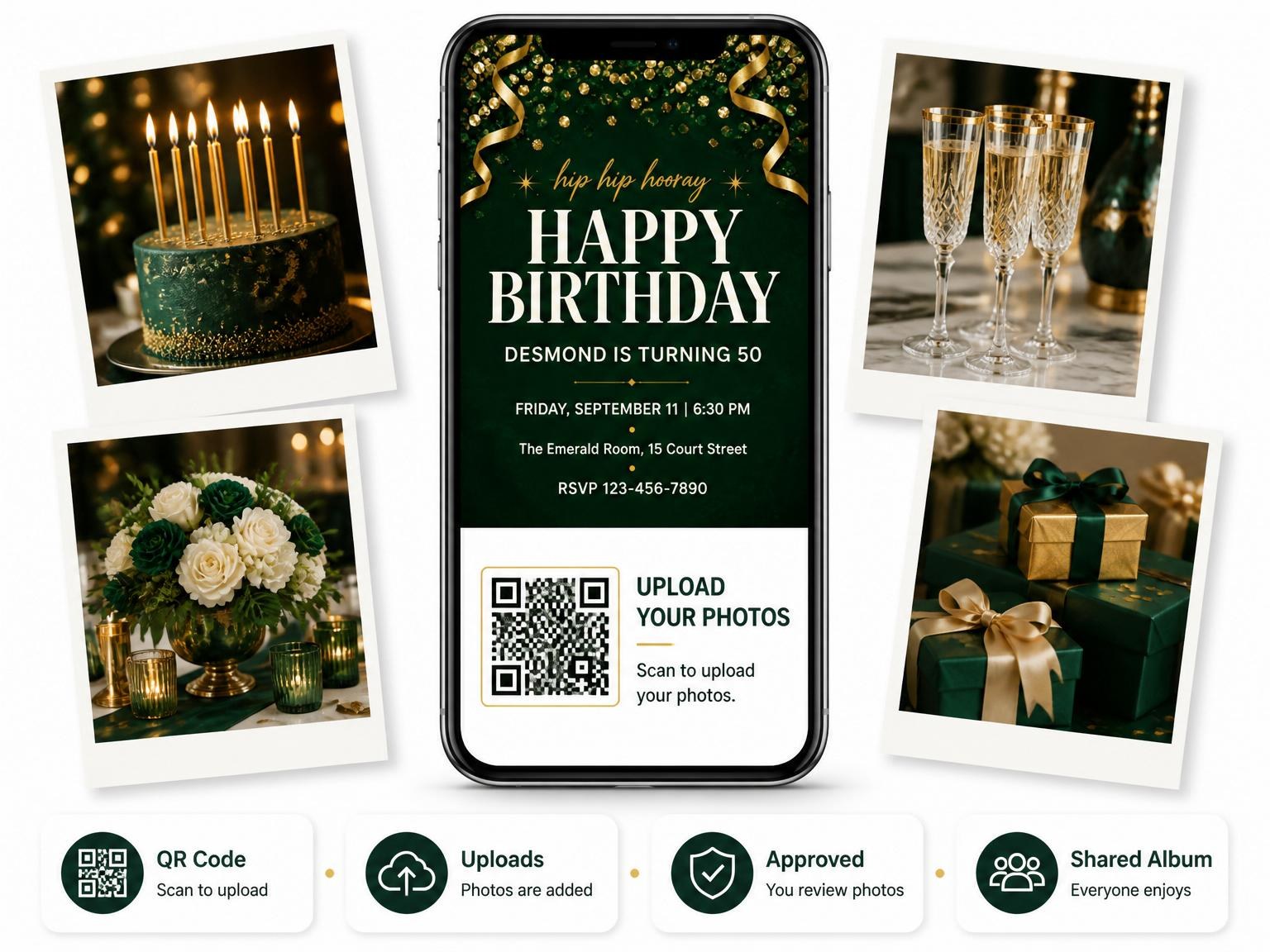 The shared photo gallery that comes with the Emerald Gold Confetti 50th Birthday invitation