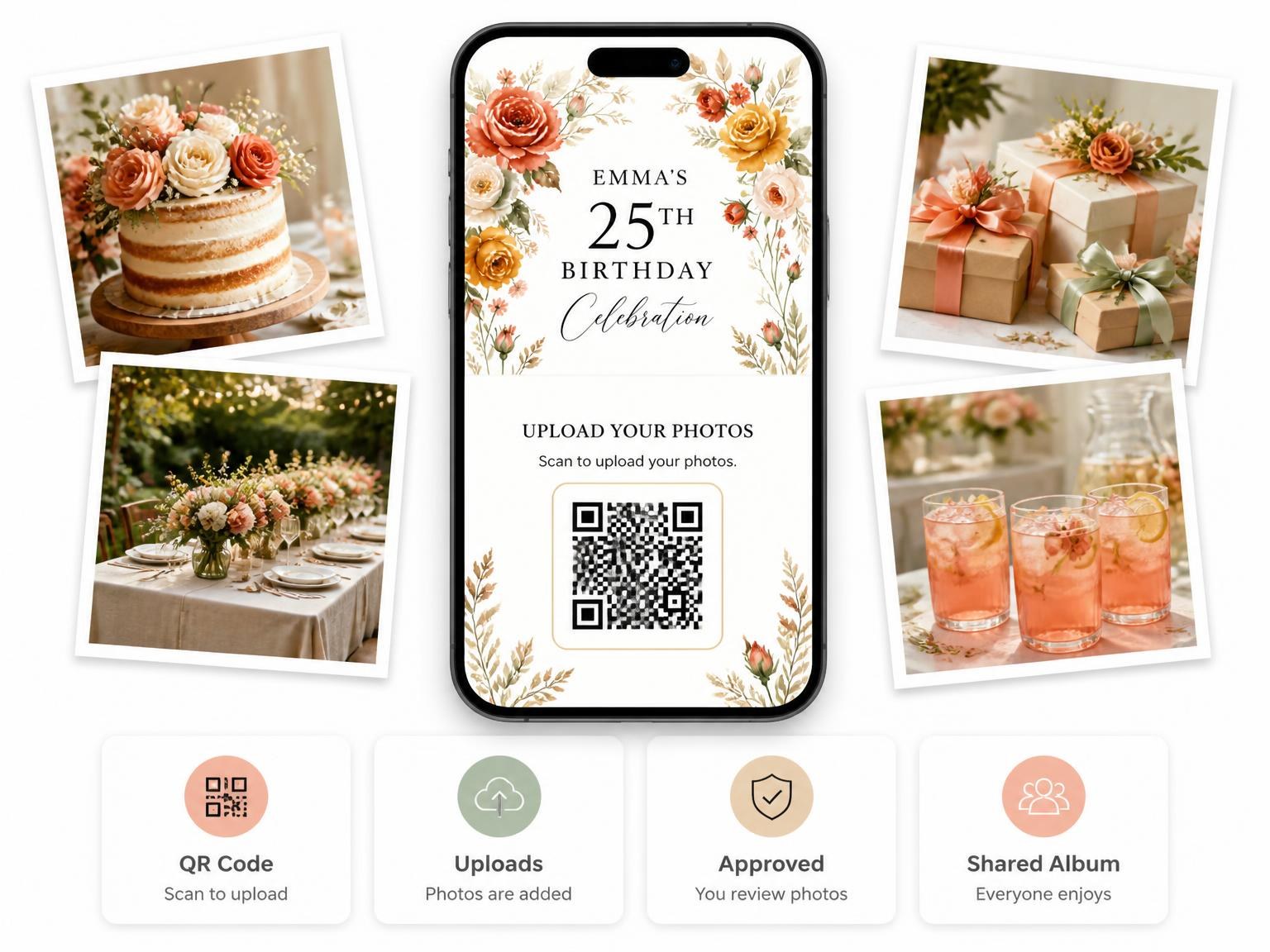 The shared photo gallery that comes with the Terracotta Autumn Botanical 25th Birthday Invitation invitation