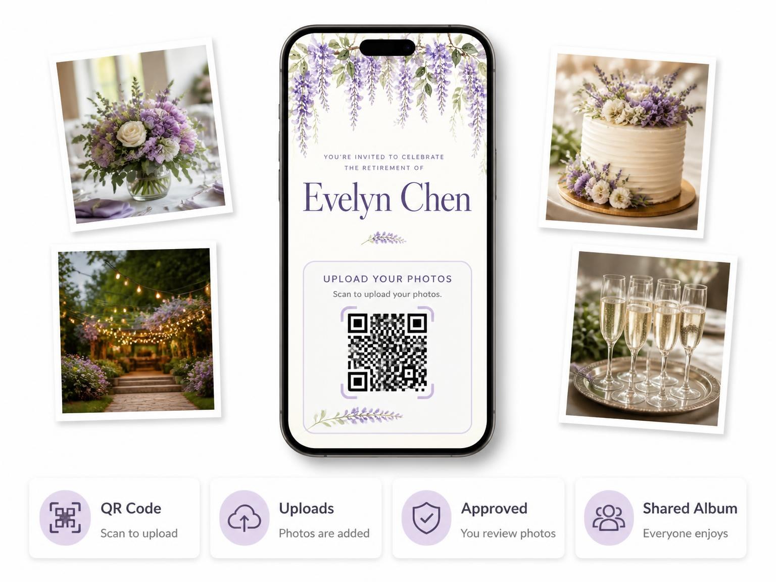 The shared photo gallery that comes with the Wisteria Canopy Retirement Invitation invitation