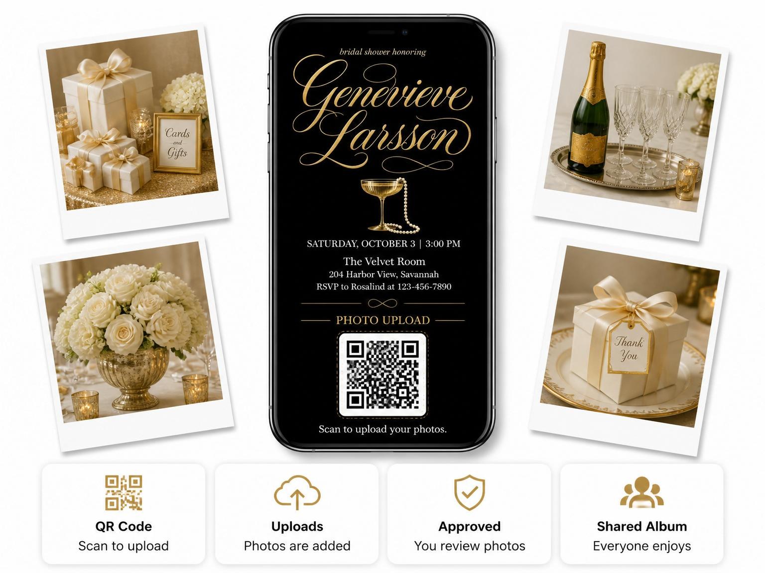 The shared photo gallery that comes with the Gold Calligraphy Coupe Bridal Shower invitation