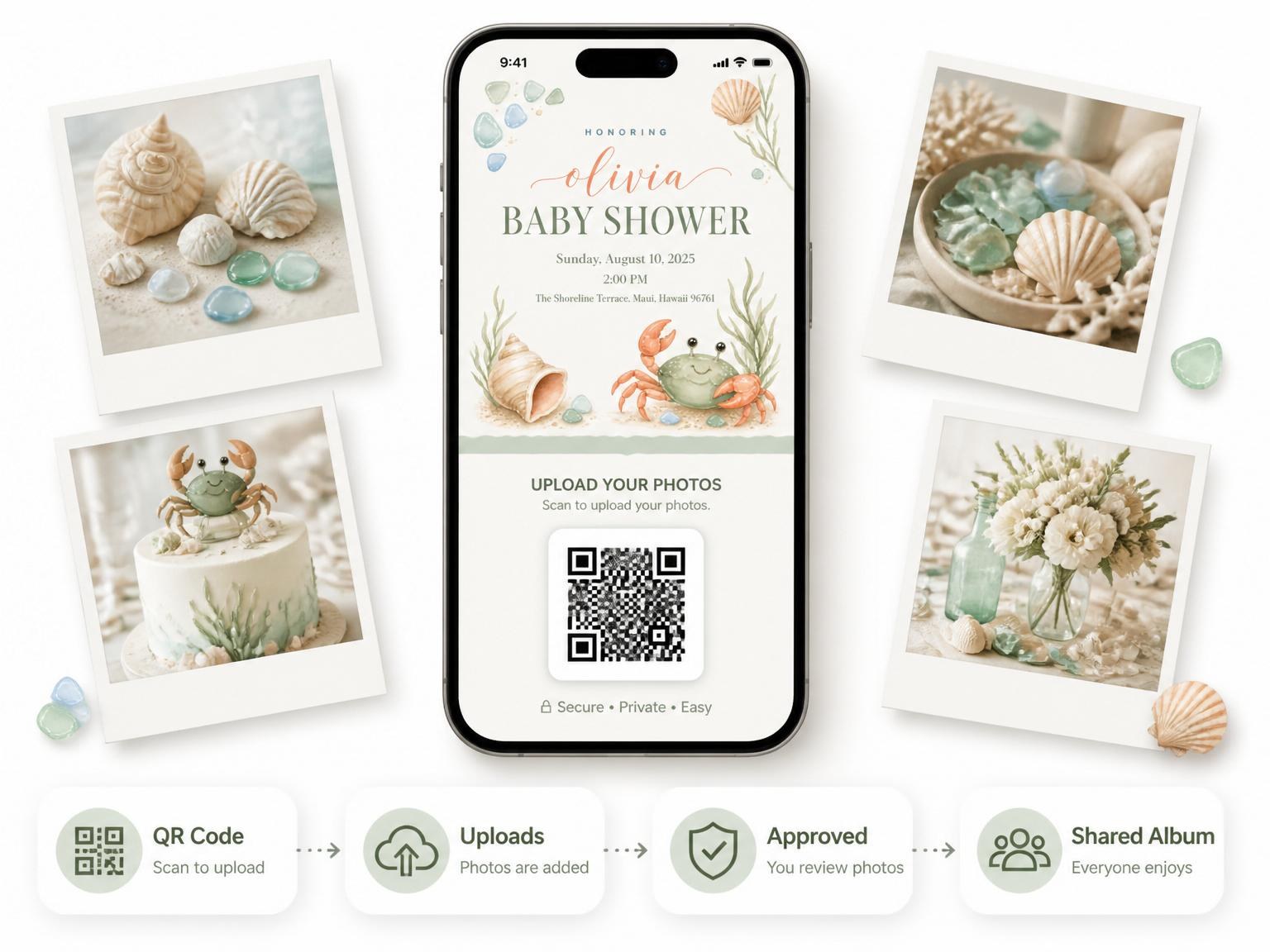 The shared photo gallery that comes with the Coastal Watercolor Crab Baby Shower invitation