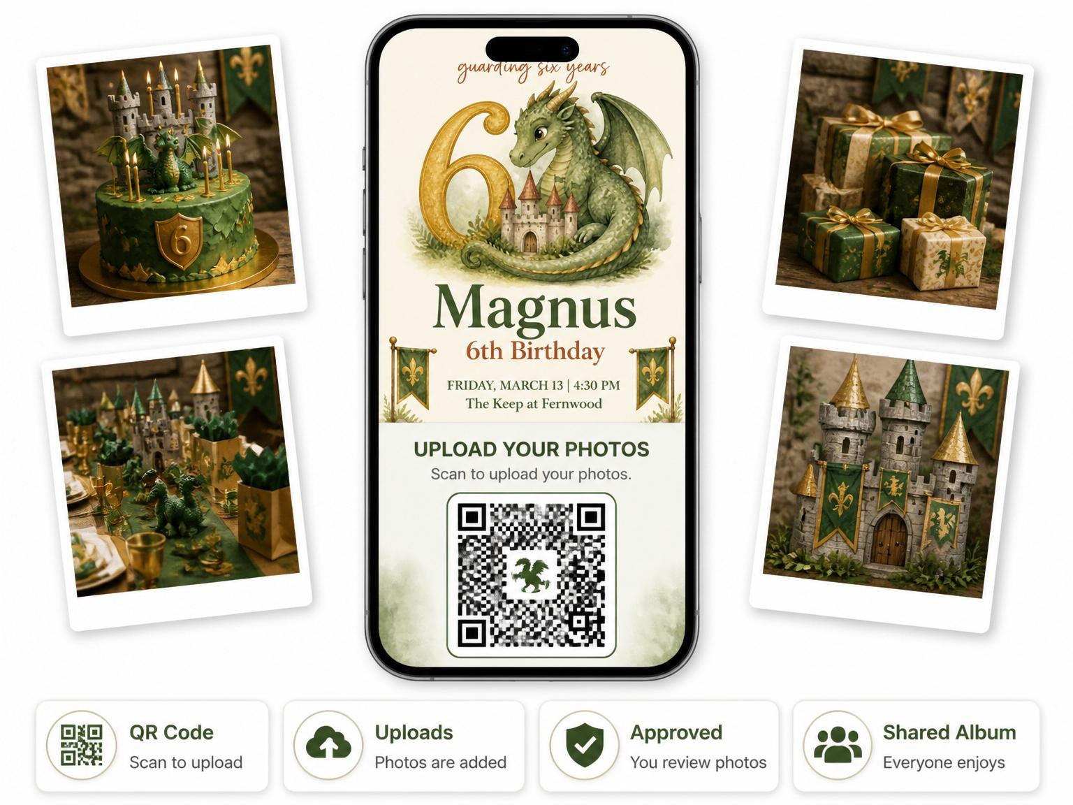 The shared photo gallery that comes with the Watercolor Dragon Castle 6th Birthday invitation