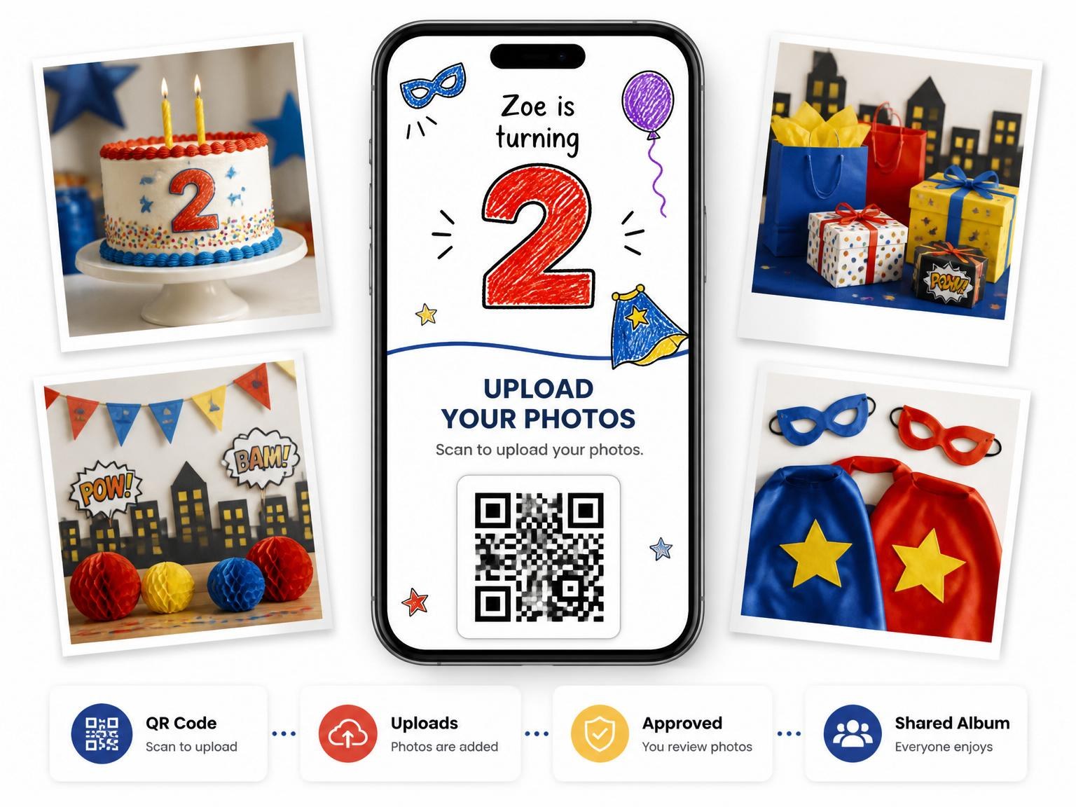 The shared photo gallery that comes with the Crayon Superhero 2nd Birthday invitation