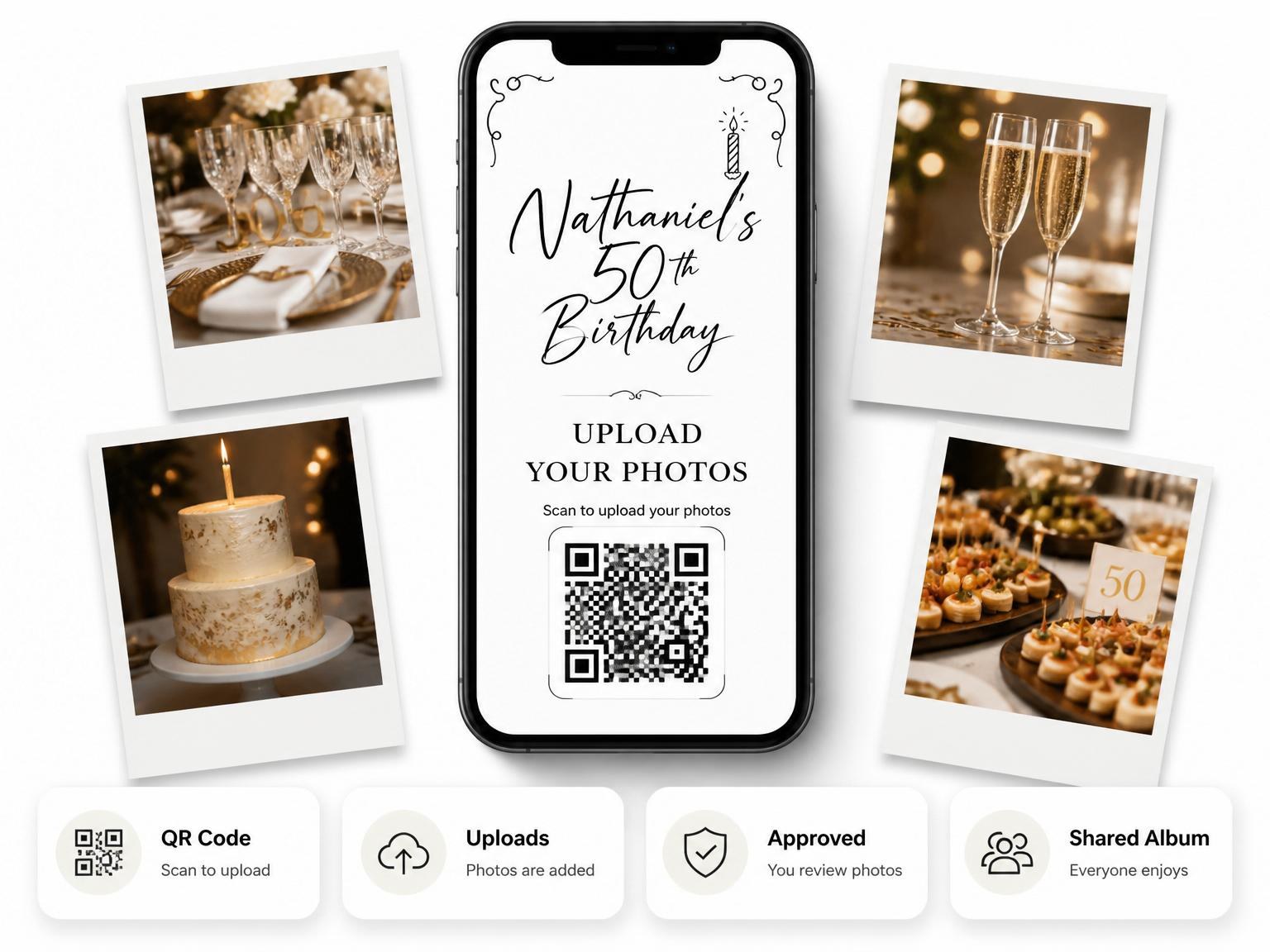 The shared photo gallery that comes with the Black and White Candle 50th Birthday invitation
