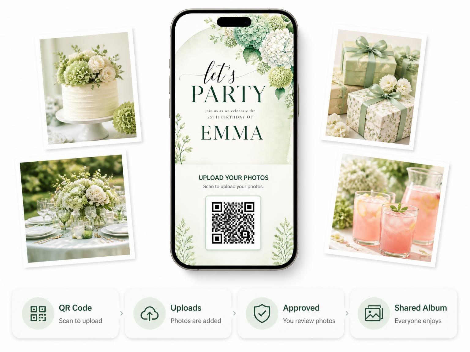 The shared photo gallery that comes with the Blooms Foliage Mint 25th Birthday Invitation invitation