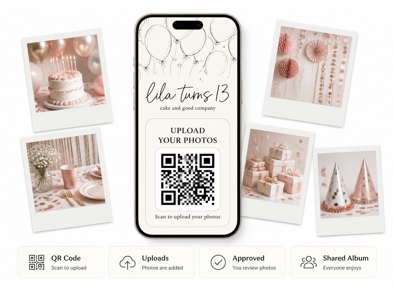 The shared photo gallery that comes with the Minimalist Hand-Drawn Balloon 13th Birthday Invitation invitation