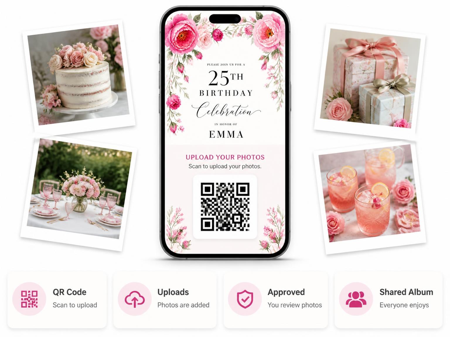 The shared photo gallery that comes with the Fuchsia Flowers Foliage 25th Birthday Invitation invitation