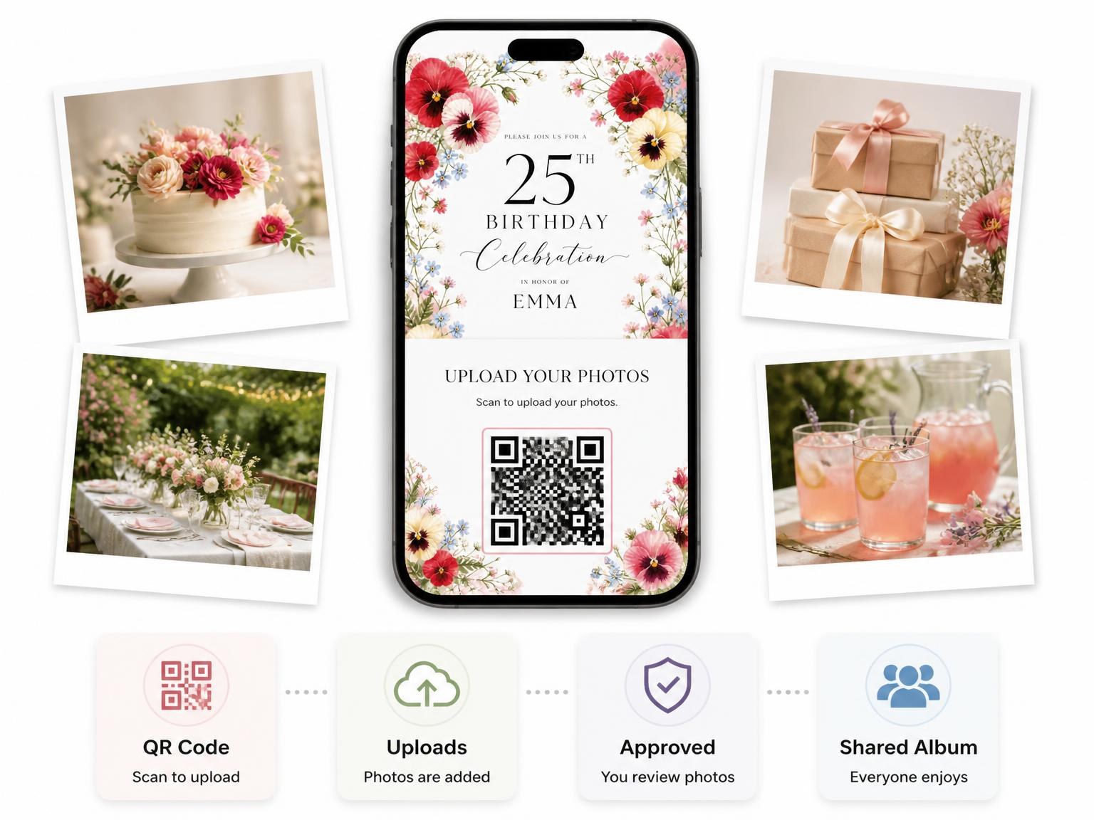 The shared photo gallery that comes with the Garden Floral Scarlet 25th Birthday Invitation invitation