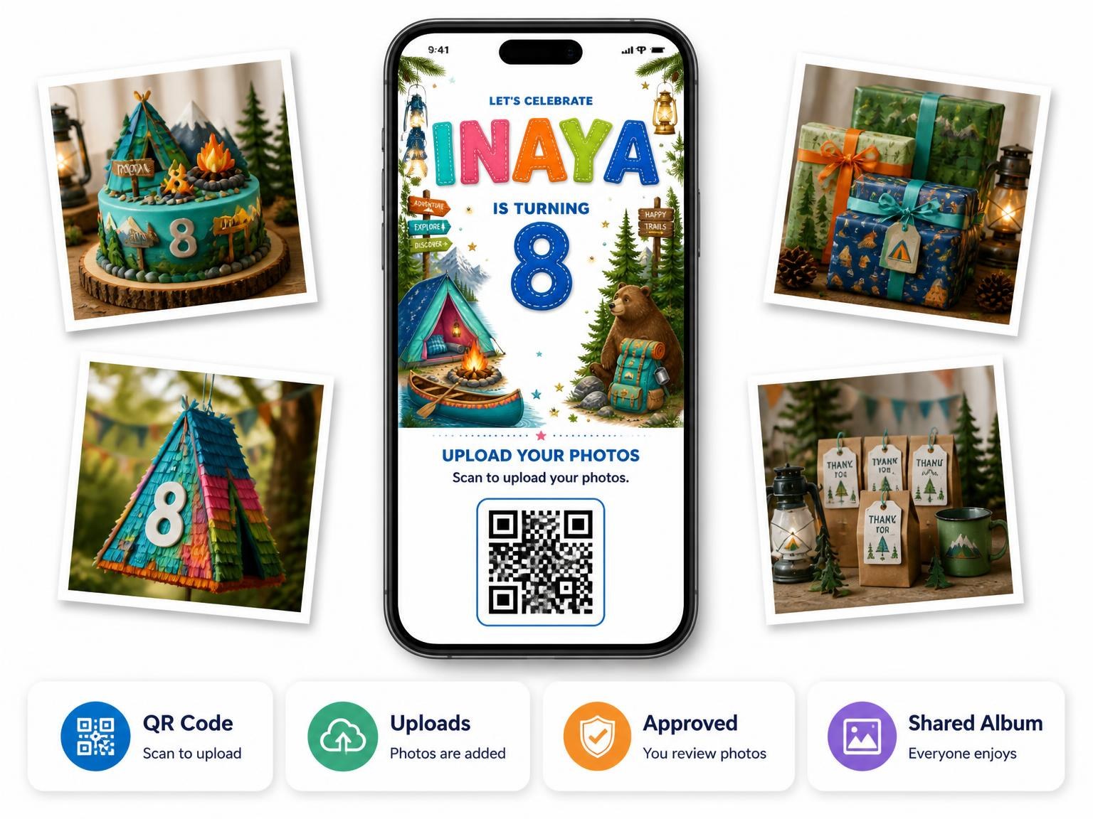 The shared photo gallery that comes with the Stitched Camping 8th Birthday Invitation invitation