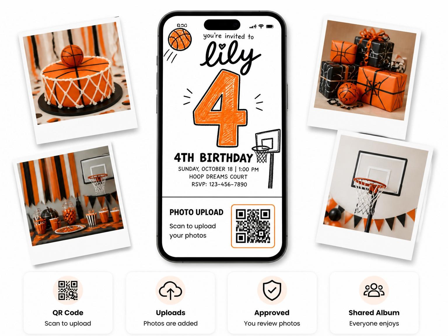 The shared photo gallery that comes with the Basketball 4th Birthday Invitation invitation