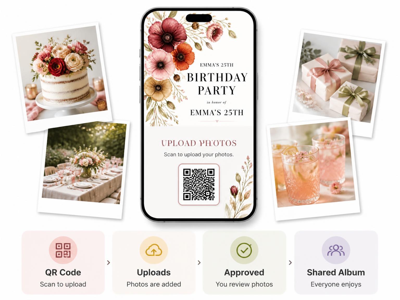 The shared photo gallery that comes with the Floral Bouquet Autumn 25th Birthday Invitation invitation