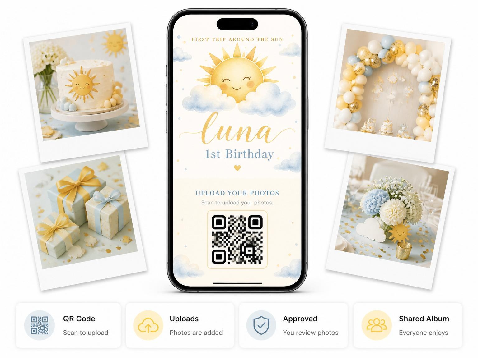 The shared photo gallery that comes with the Watercolor Sun and Clouds 1st Birthday invitation