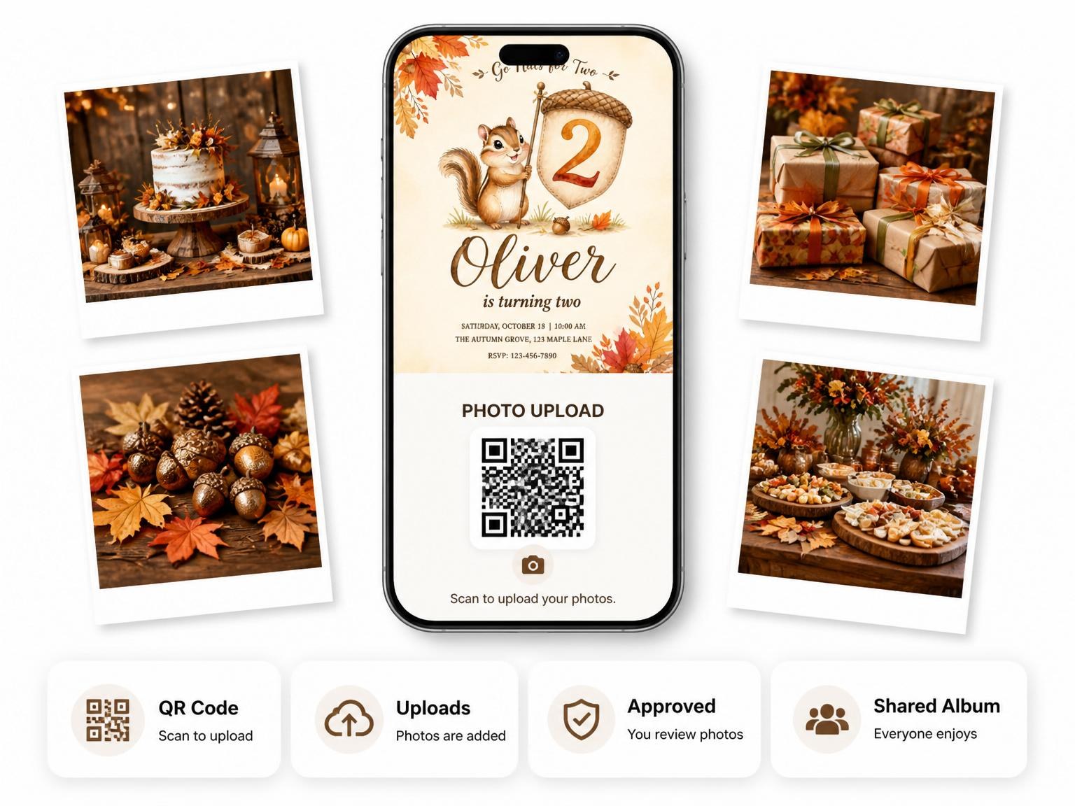 The shared photo gallery that comes with the Watercolor Chipmunk Autumn 2nd Birthday invitation