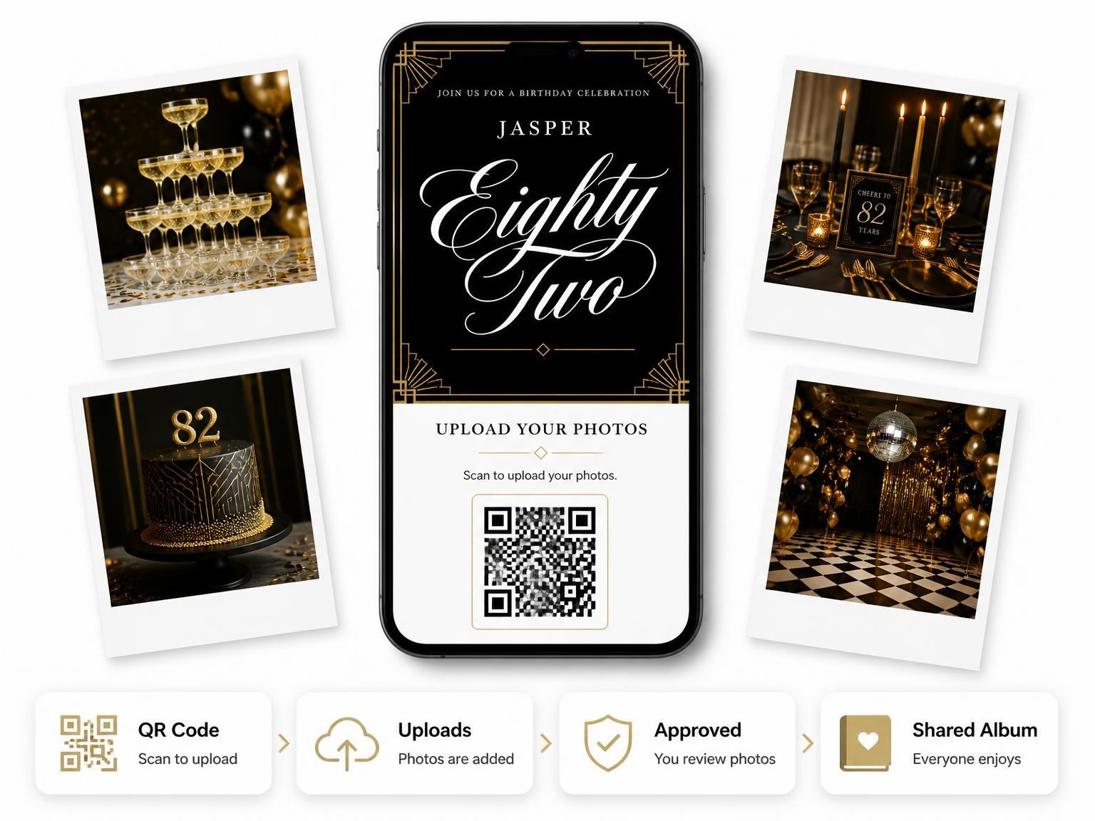 The shared photo gallery that comes with the Art Deco 82nd Birthday Invitation invitation