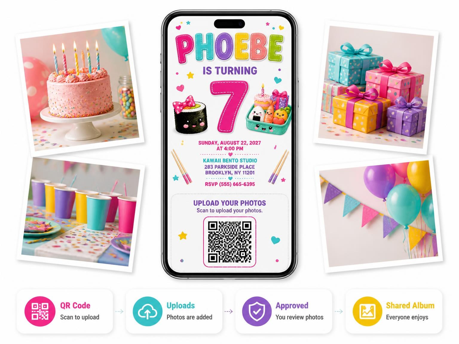 The shared photo gallery that comes with the Bento Box Stitched 7th Birthday Invitation invitation