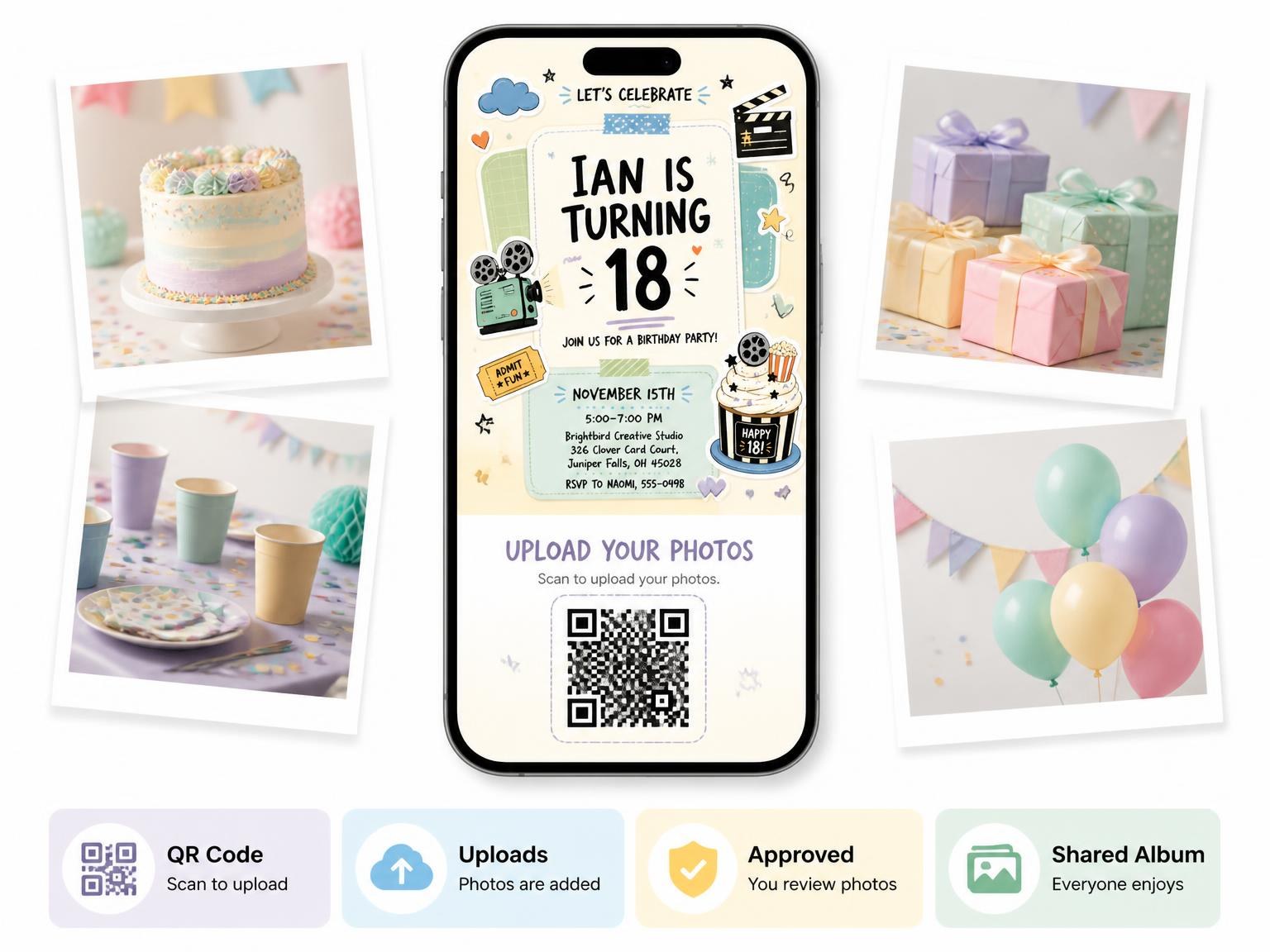The shared photo gallery that comes with the Film Projector Pastel 18th Birthday Invitation invitation