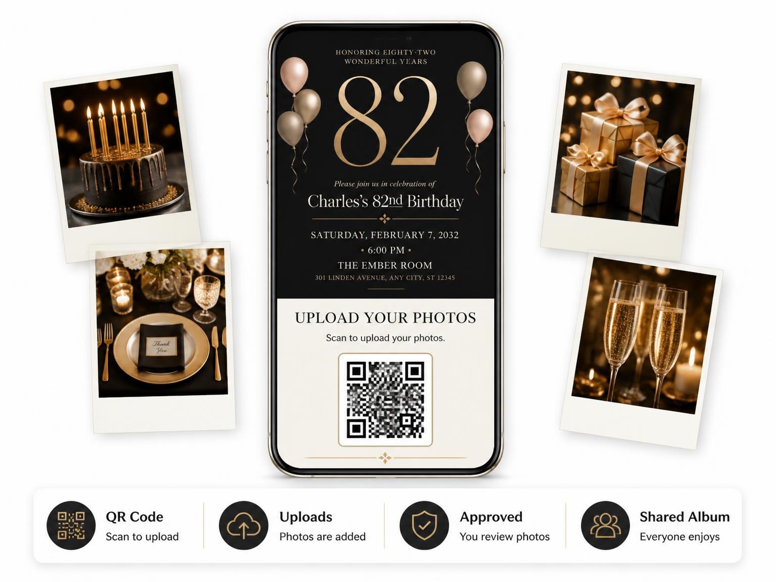 The shared photo gallery that comes with the Charcoal and Blush 82nd Birthday Invitation invitation