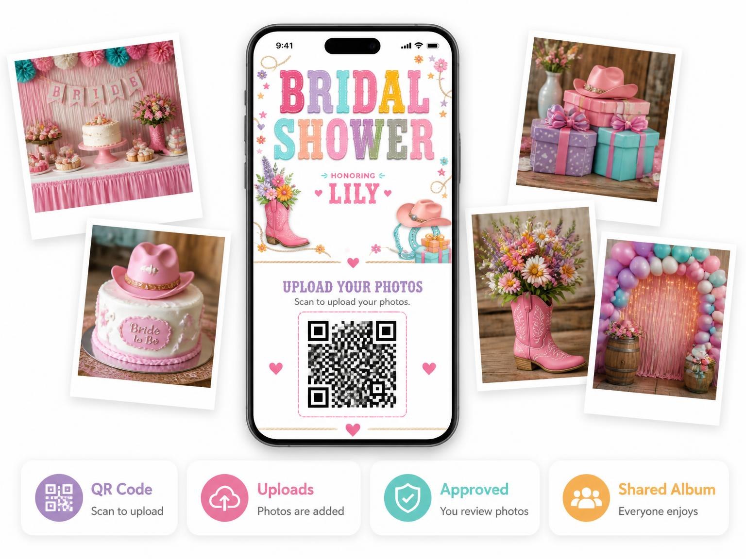The shared photo gallery that comes with the Pink Cowgirl Bridal Shower Invitation invitation