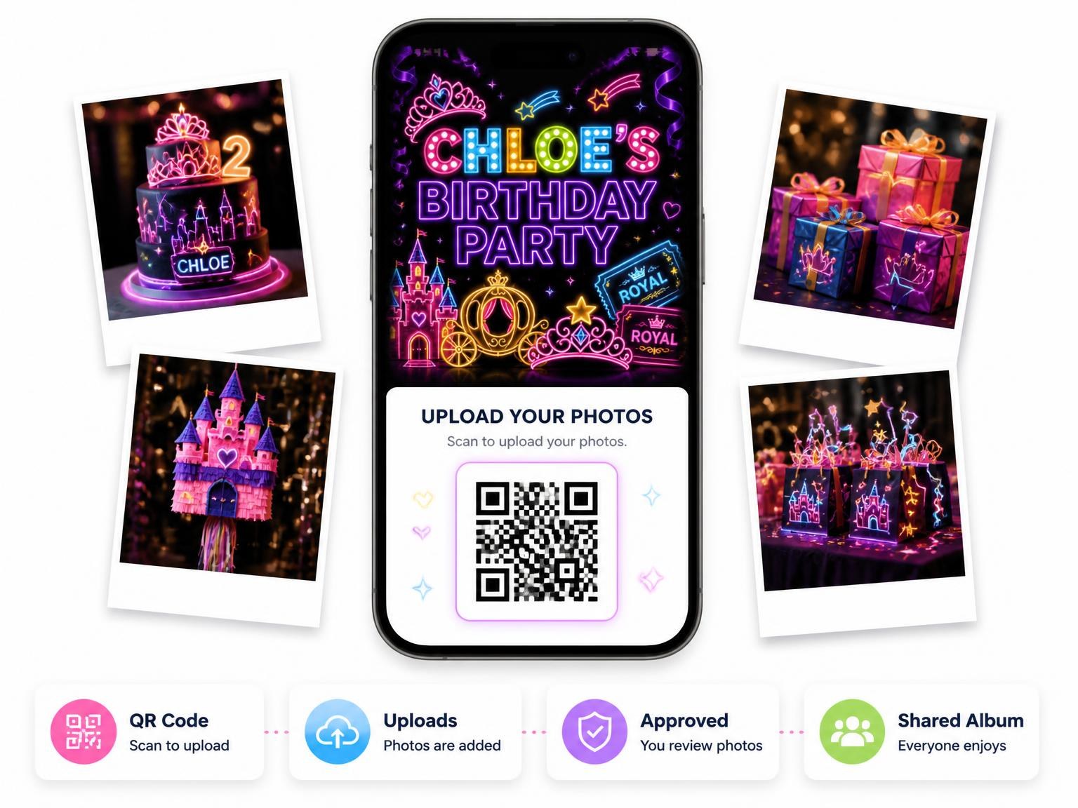 The shared photo gallery that comes with the Neon Princess 2nd Birthday Invitation invitation