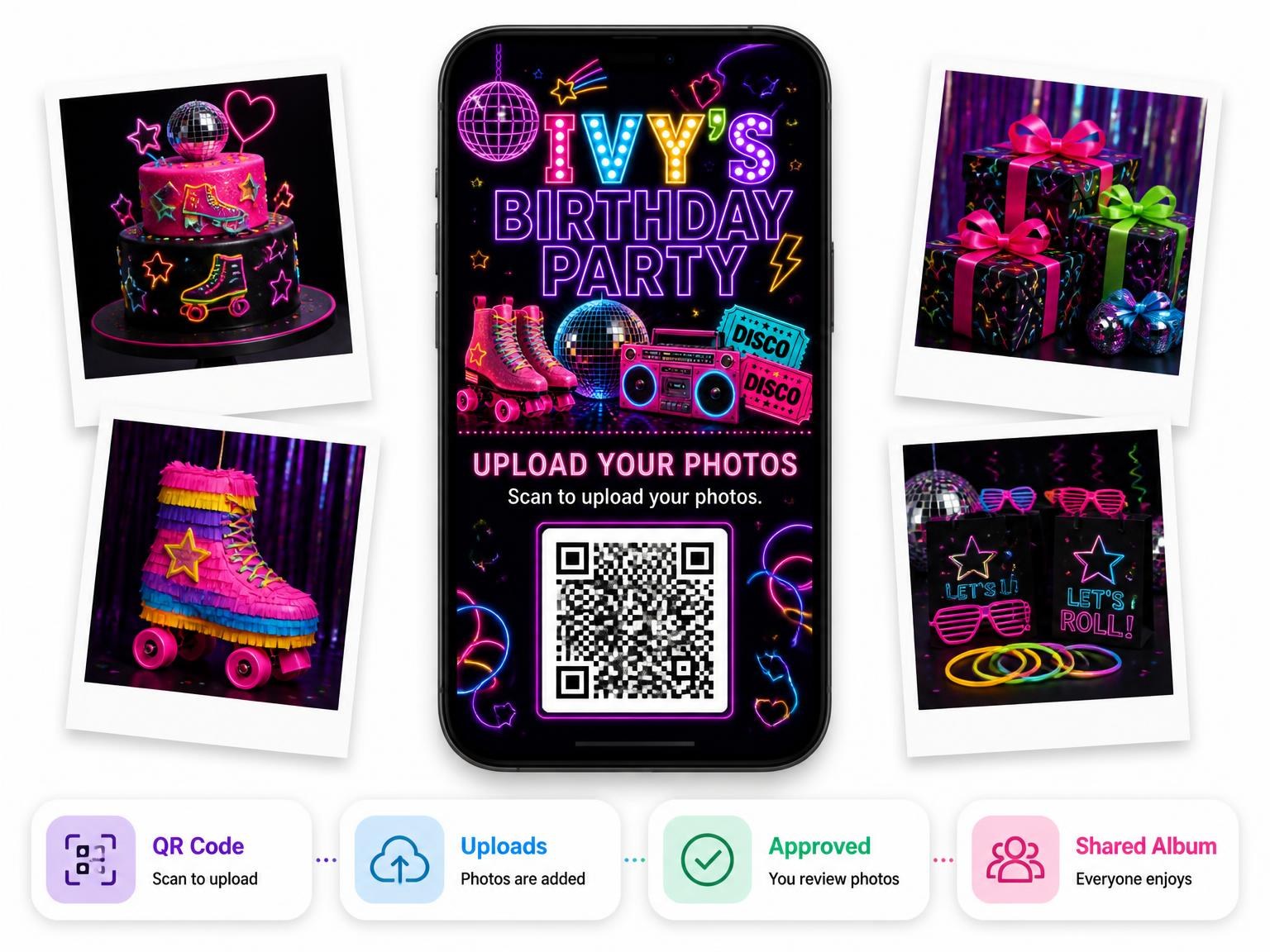 The shared photo gallery that comes with the Neon Roller Disco 23rd Birthday Invitation invitation