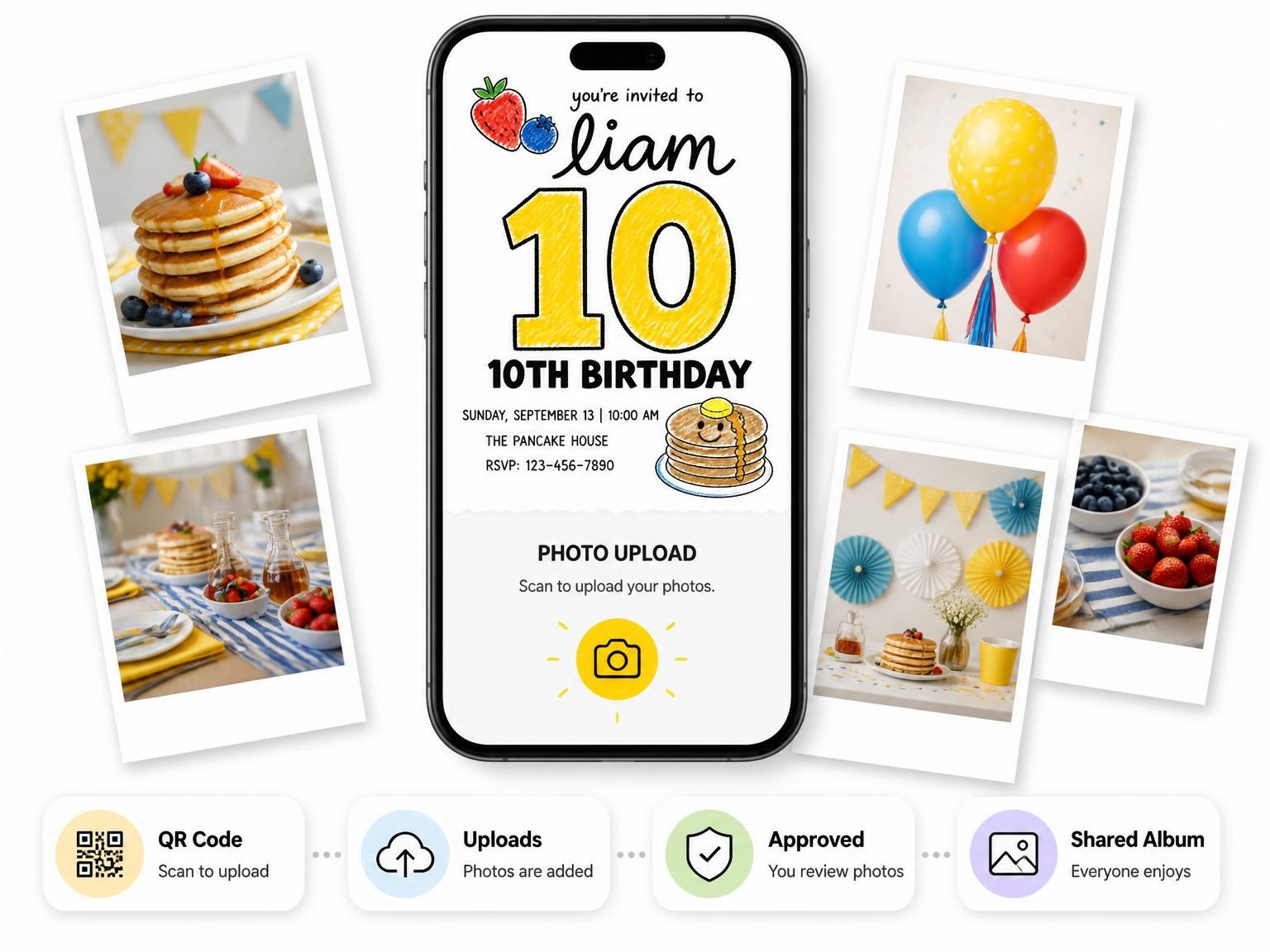 The shared photo gallery that comes with the Crayon Pancake 10th Birthday Invitation invitation