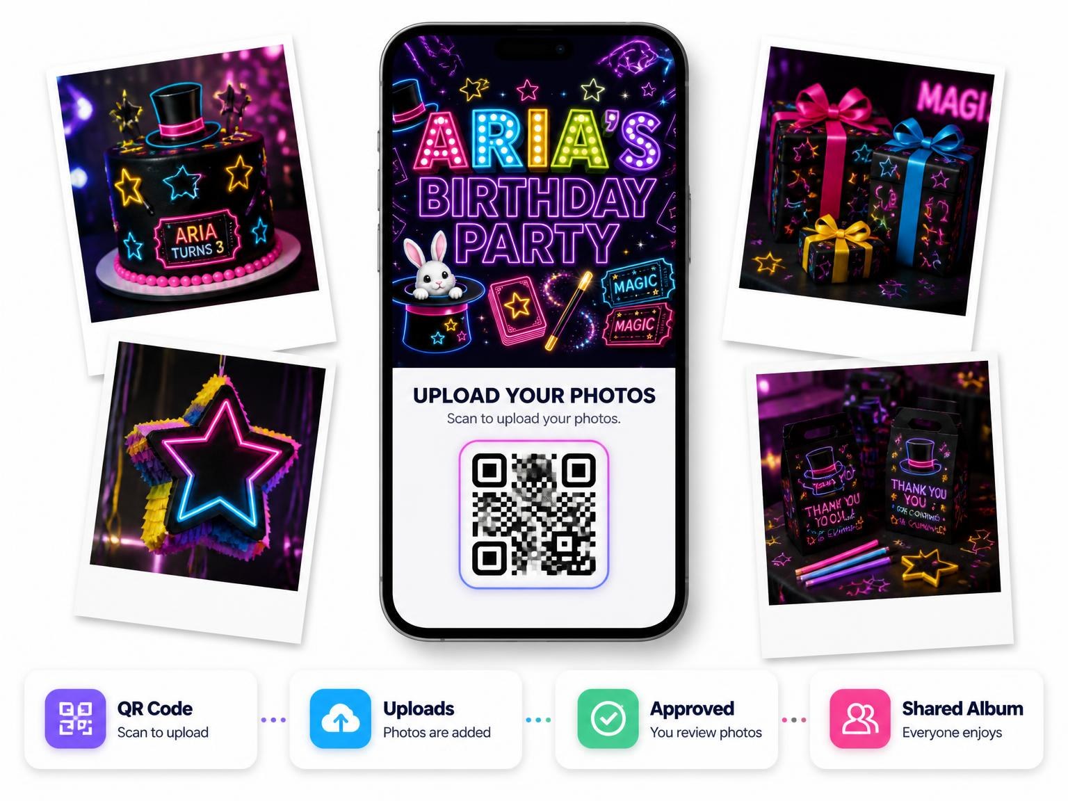 The shared photo gallery that comes with the Neon Magic Show 3rd Birthday Invitation invitation