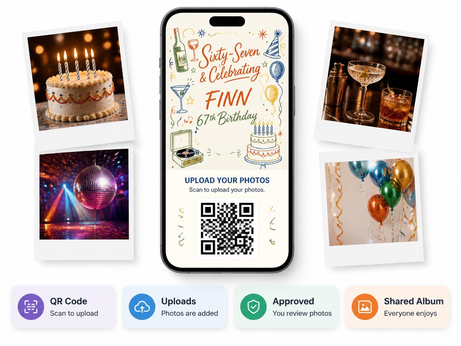 The shared photo gallery that comes with the Retro Doodle 67th Birthday Invitation invitation