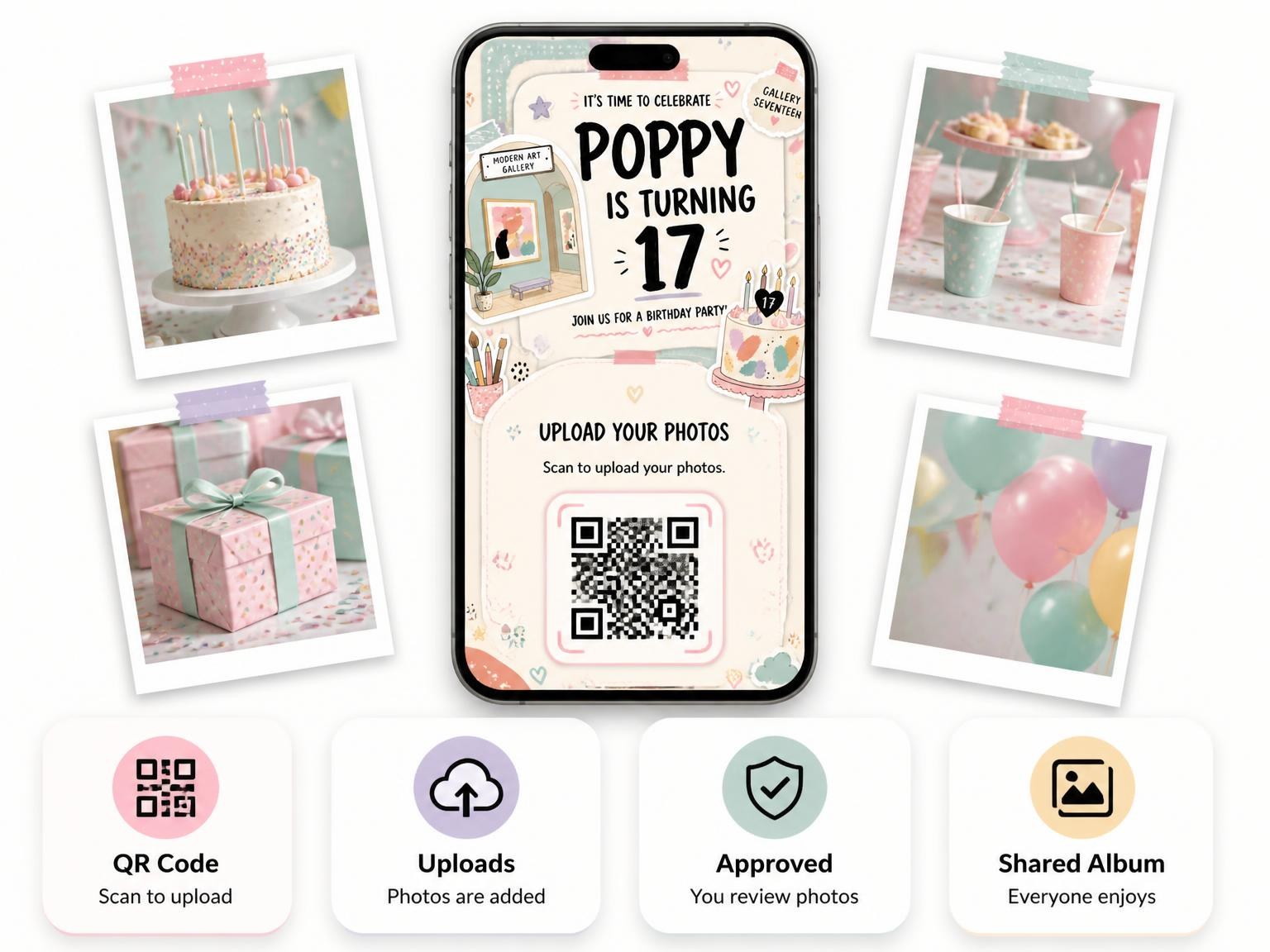 The shared photo gallery that comes with the Art Gallery Pastel 17th Birthday Invitation invitation