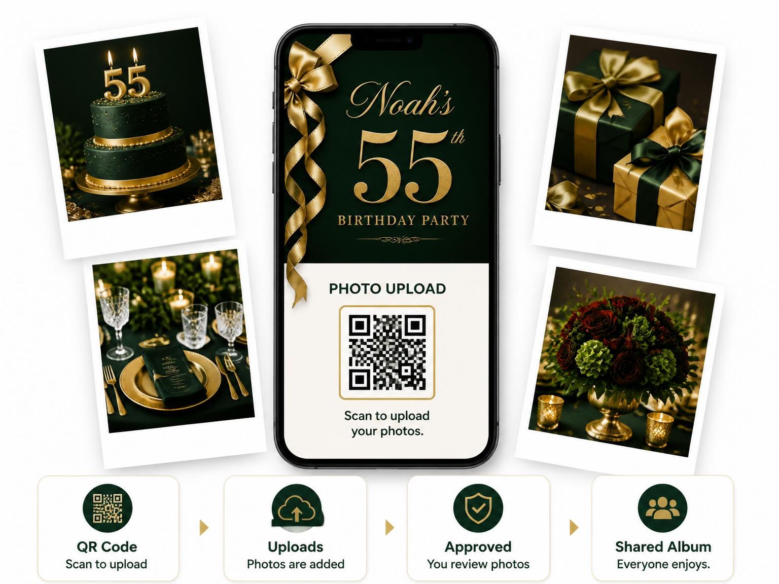 The shared photo gallery that comes with the Emerald and Gold Ribbon 55th Birthday Invitation invitation