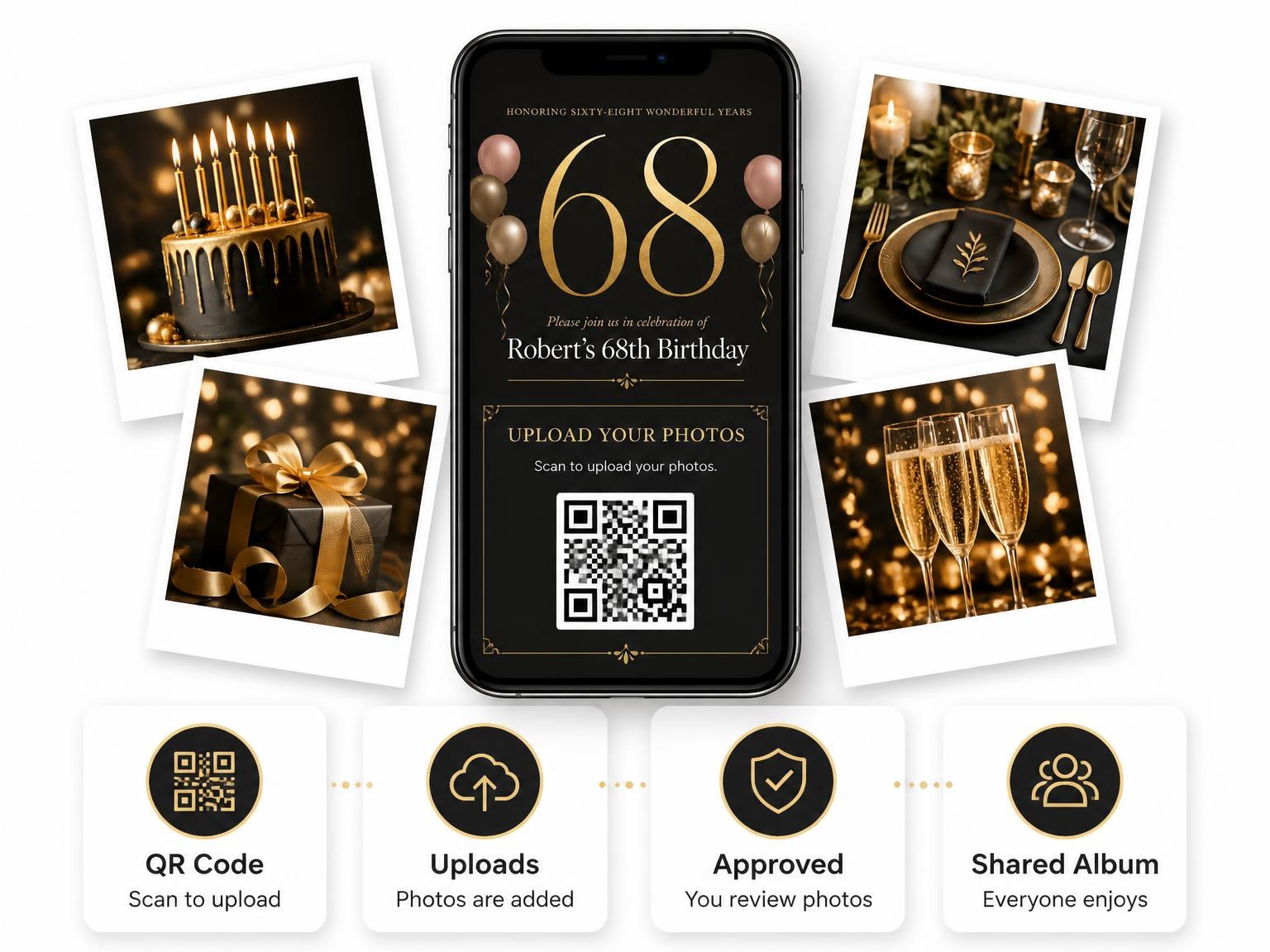 The shared photo gallery that comes with the Charcoal and Blush 68th Birthday Invitation invitation