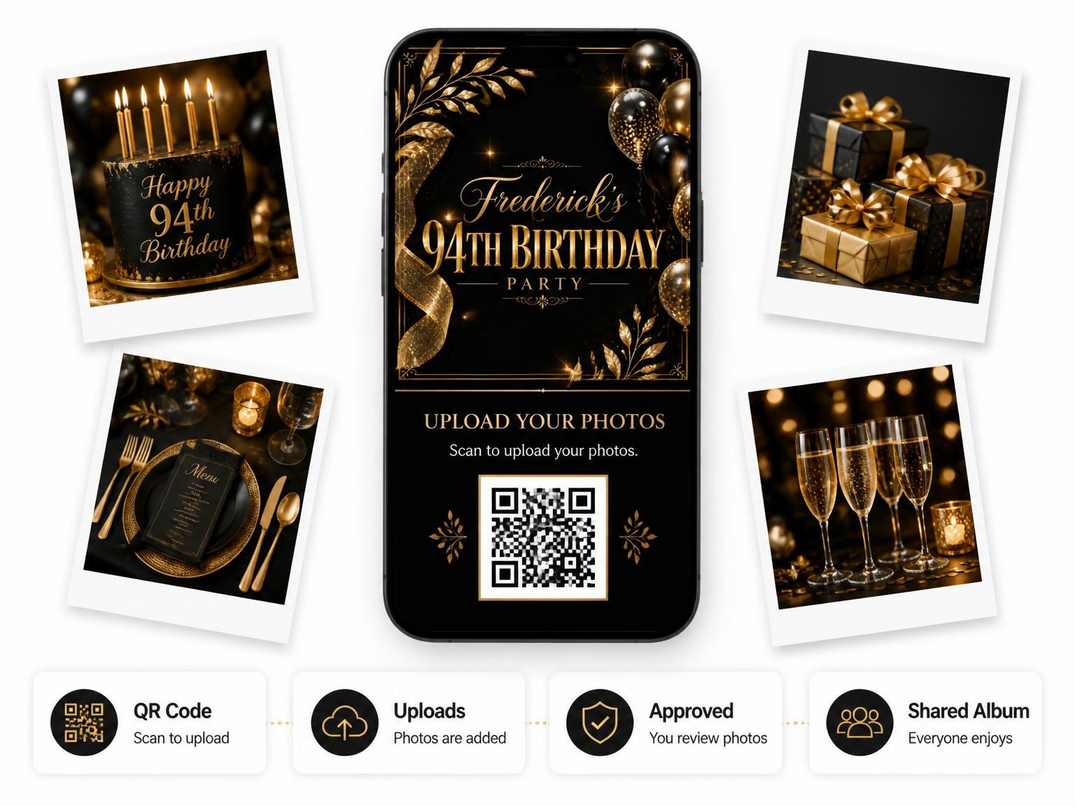 The shared photo gallery that comes with the Black and Gold 94th Birthday Invitation invitation