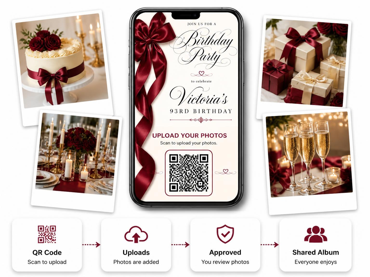 The shared photo gallery that comes with the Burgundy Satin Bow 93rd Birthday Invitation invitation