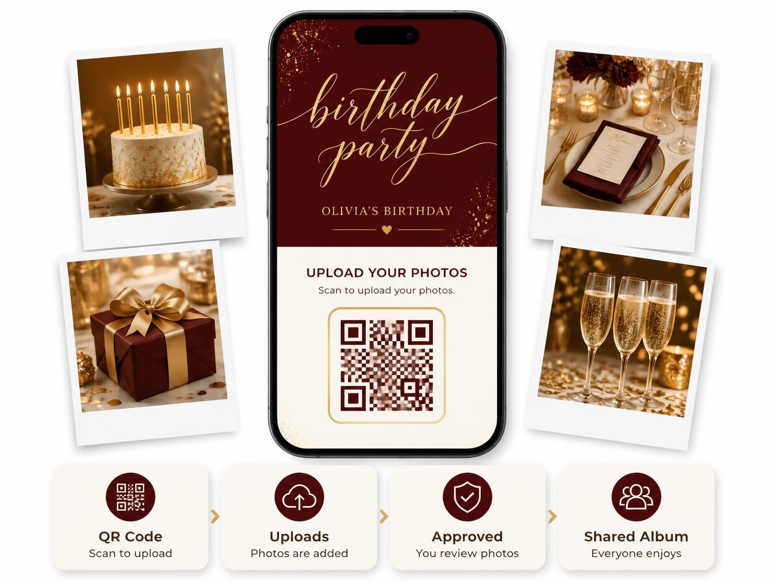 The shared photo gallery that comes with the Oxblood and Gold Birthday Invitation invitation