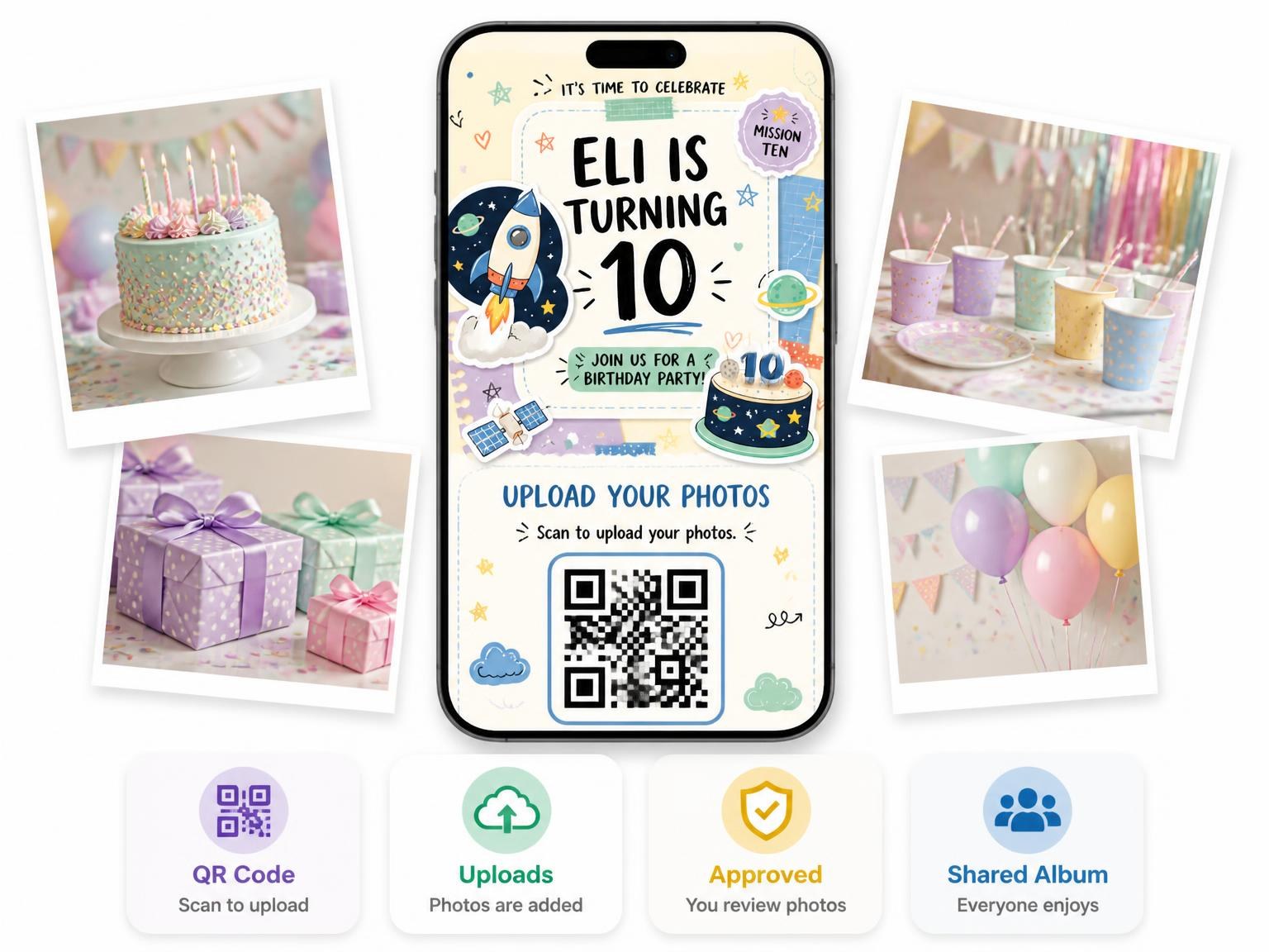 The shared photo gallery that comes with the Rocket Ship Pastel 10th Birthday Invitation invitation