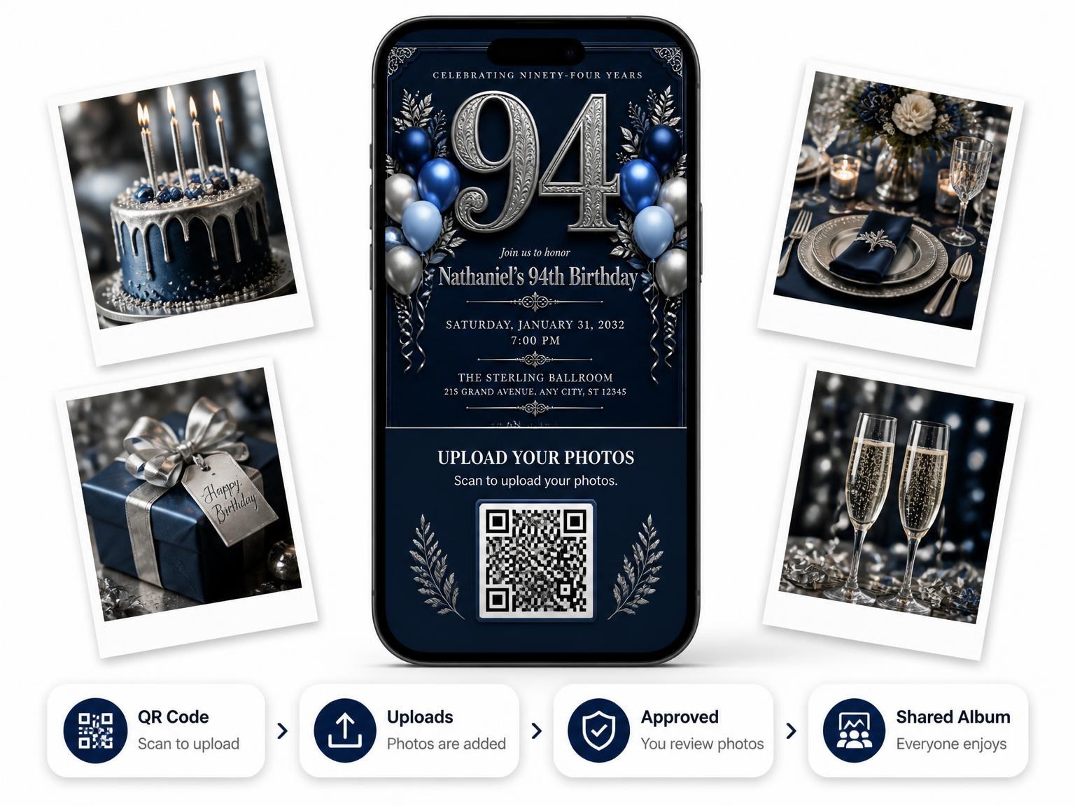The shared photo gallery that comes with the Navy and Silver 94th Birthday Invitation invitation