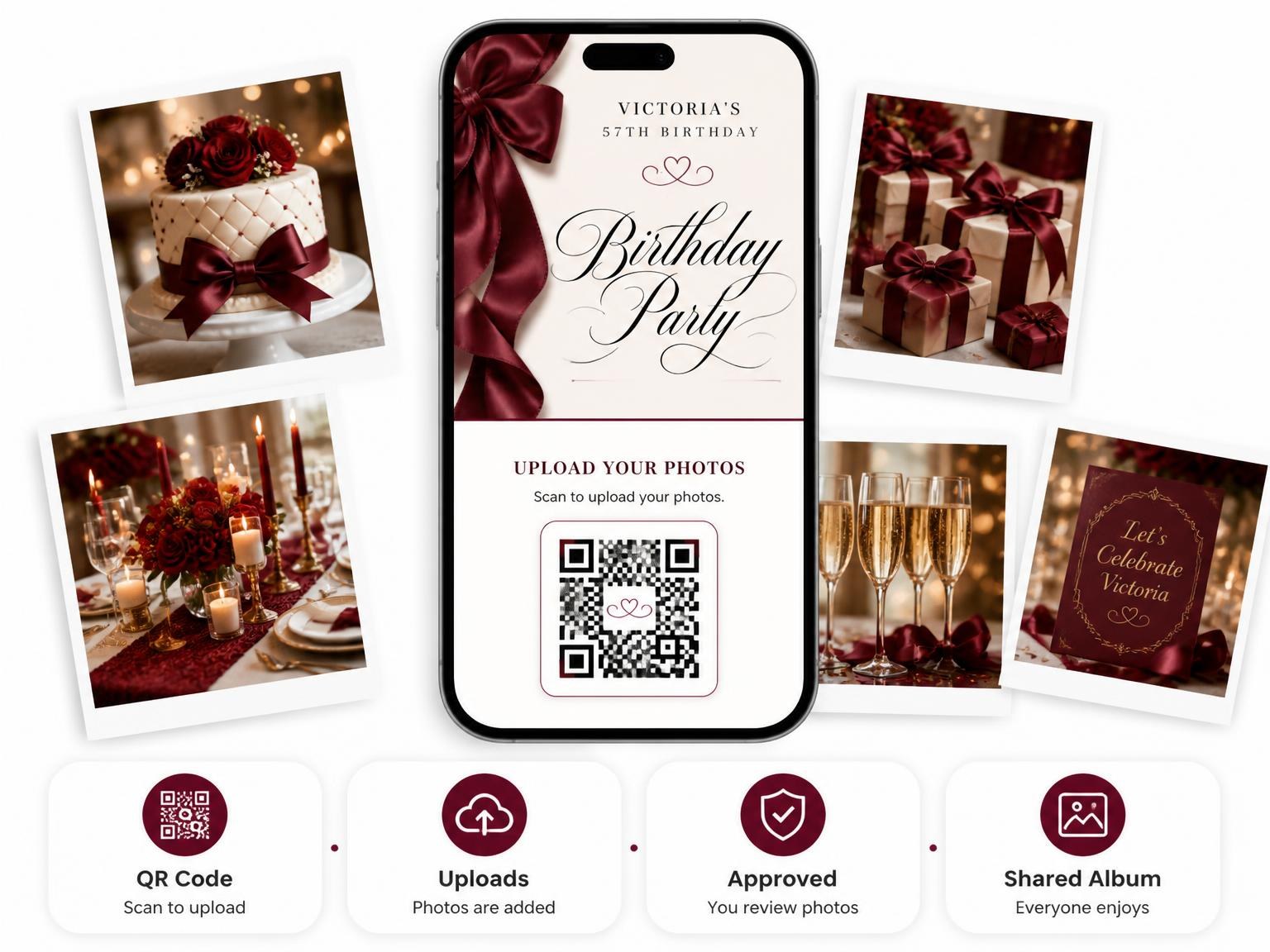 The shared photo gallery that comes with the Burgundy Satin Bow 57th Birthday Invitation invitation
