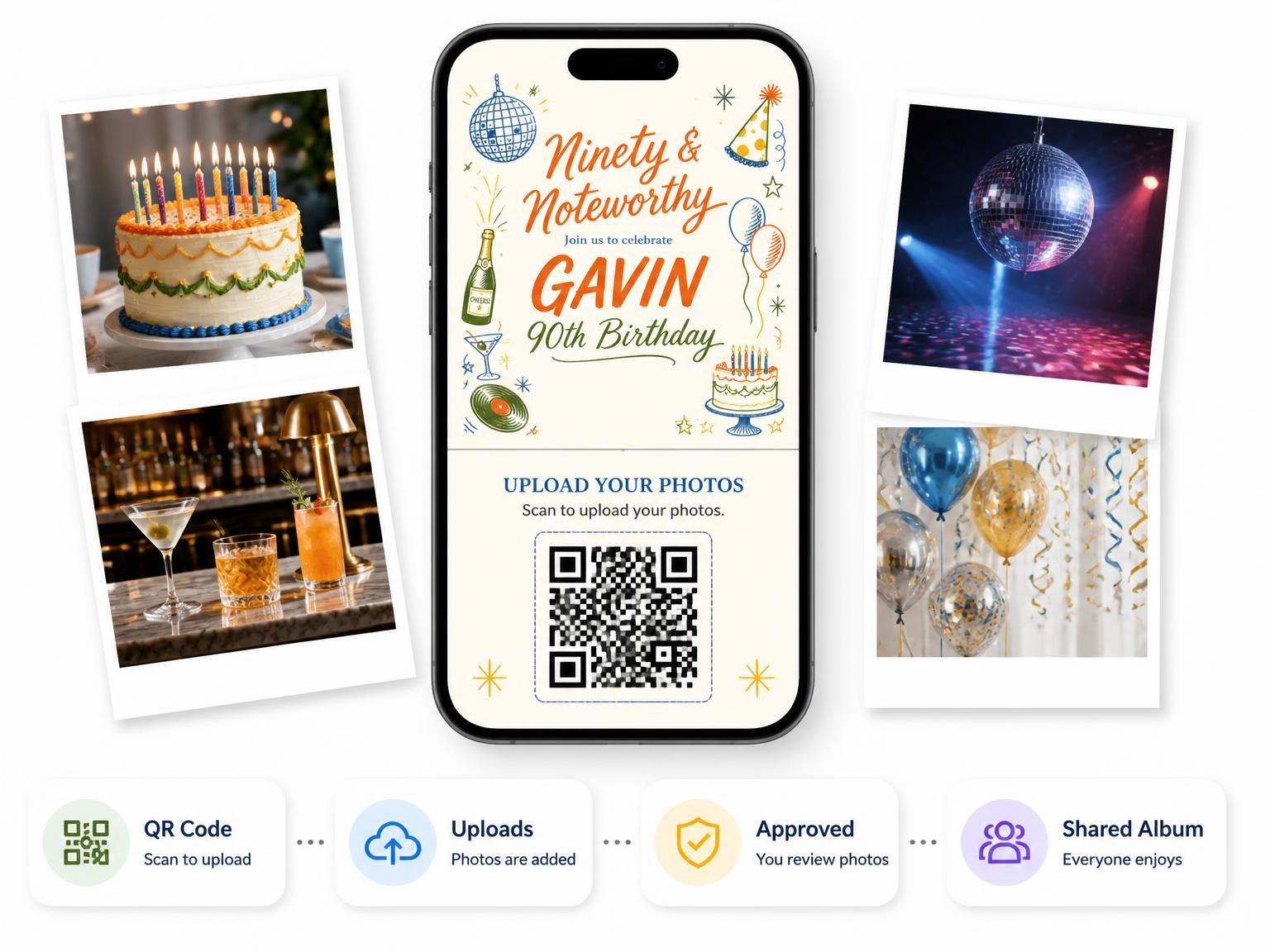 The shared photo gallery that comes with the Retro Doodle 90th Birthday Invitation invitation
