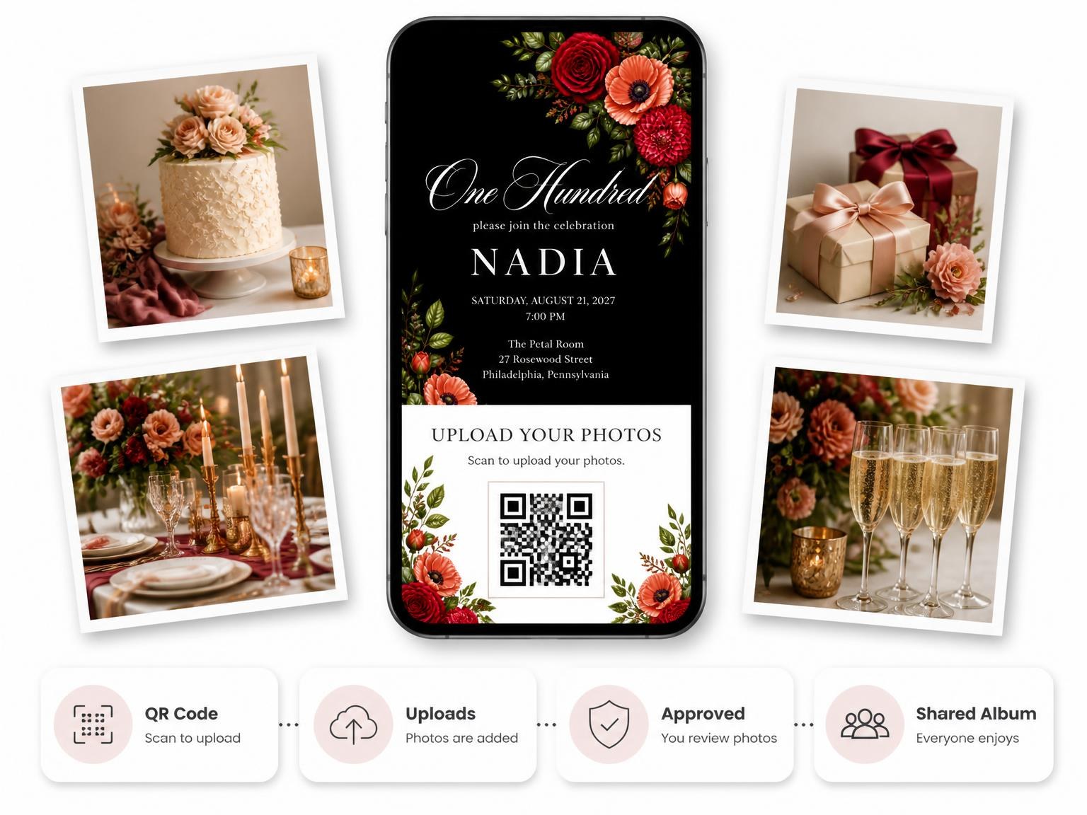 The shared photo gallery that comes with the Black Floral 100th Birthday Invitation invitation